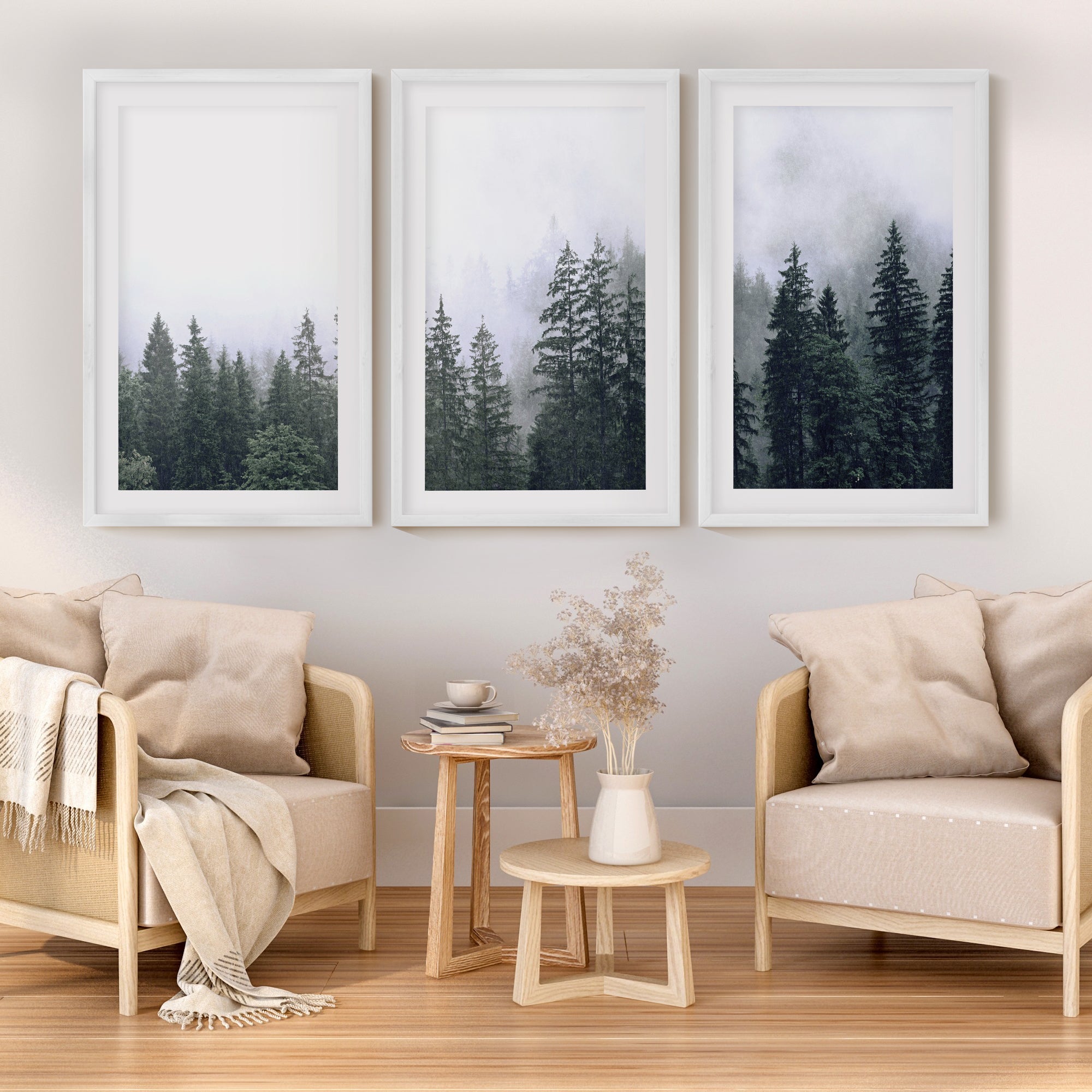 Green Pine Tree Forest – Foggy Nature Wall Art Prints - White Framed Poster with White Border - Artworksets