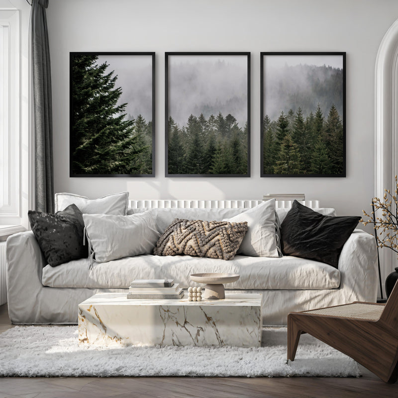 Green Pine Tree Forest and Large Mountain Wall Art Print - Black Framed Poster No Border - Artworksets