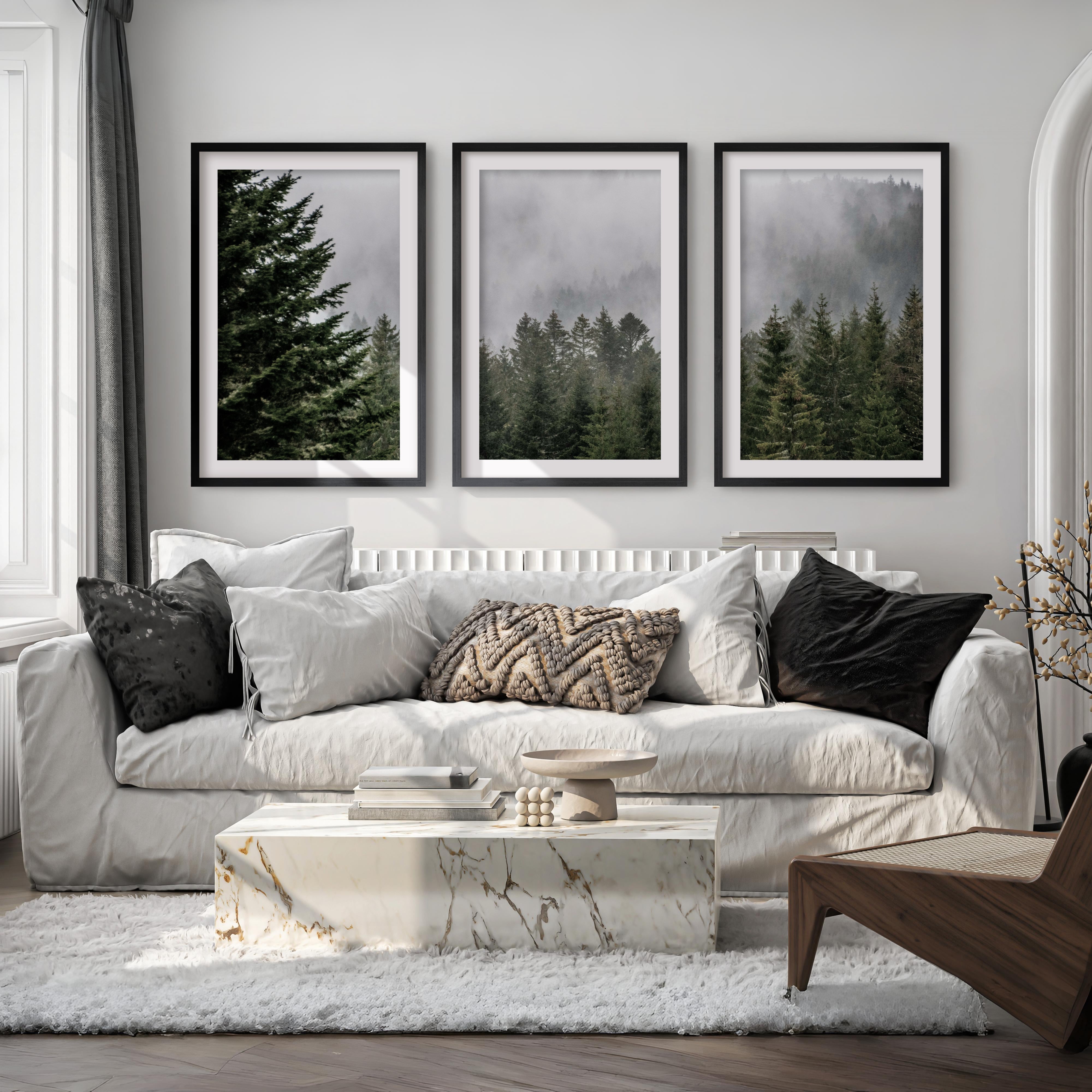 Green Pine Tree Forest and Large Mountain Wall Art Print - Black Framed Poster with White Border - Artworksets