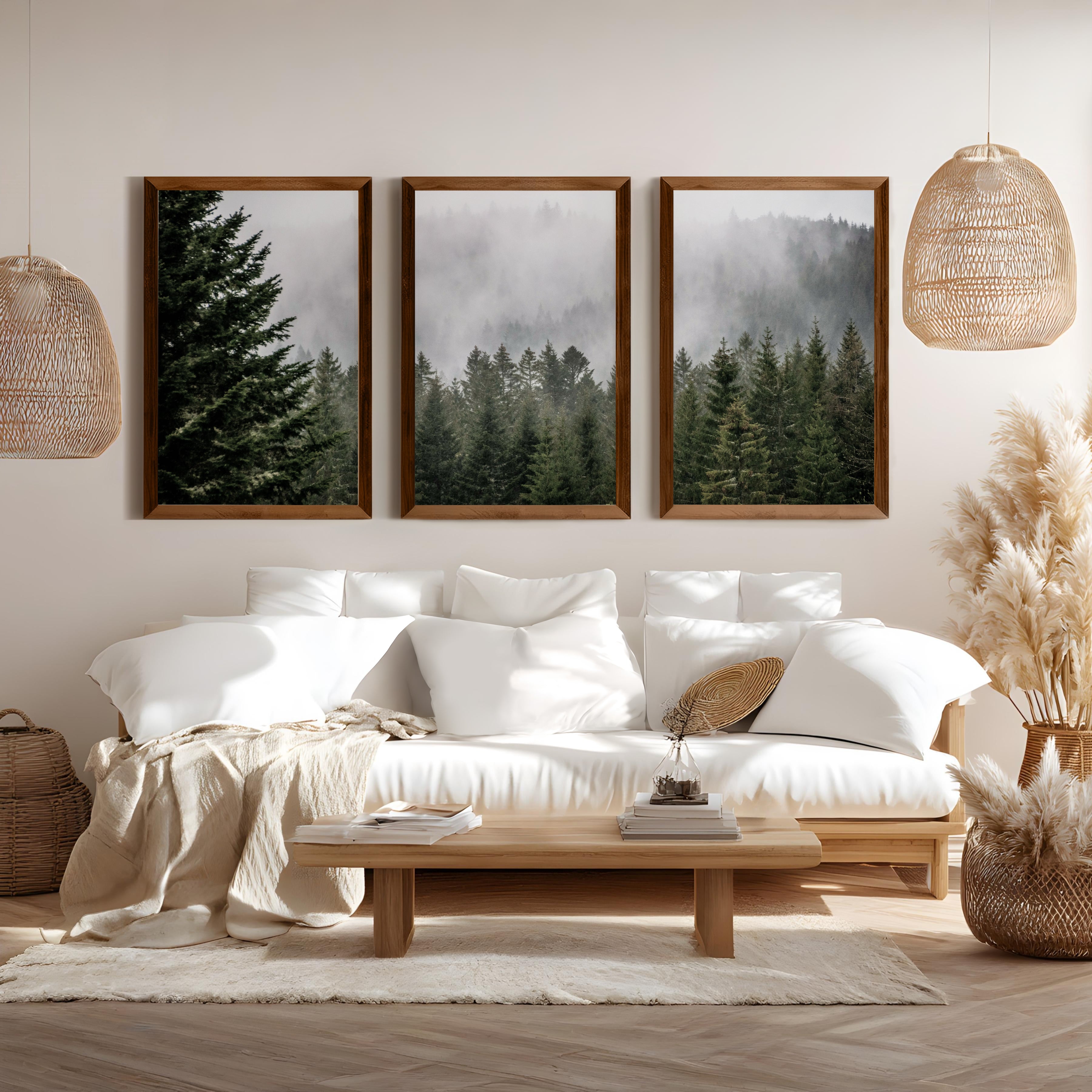 Green Pine Tree Forest and Large Mountain Wall Art Print - Dark Brown Framed Poster No Border - Artworksets