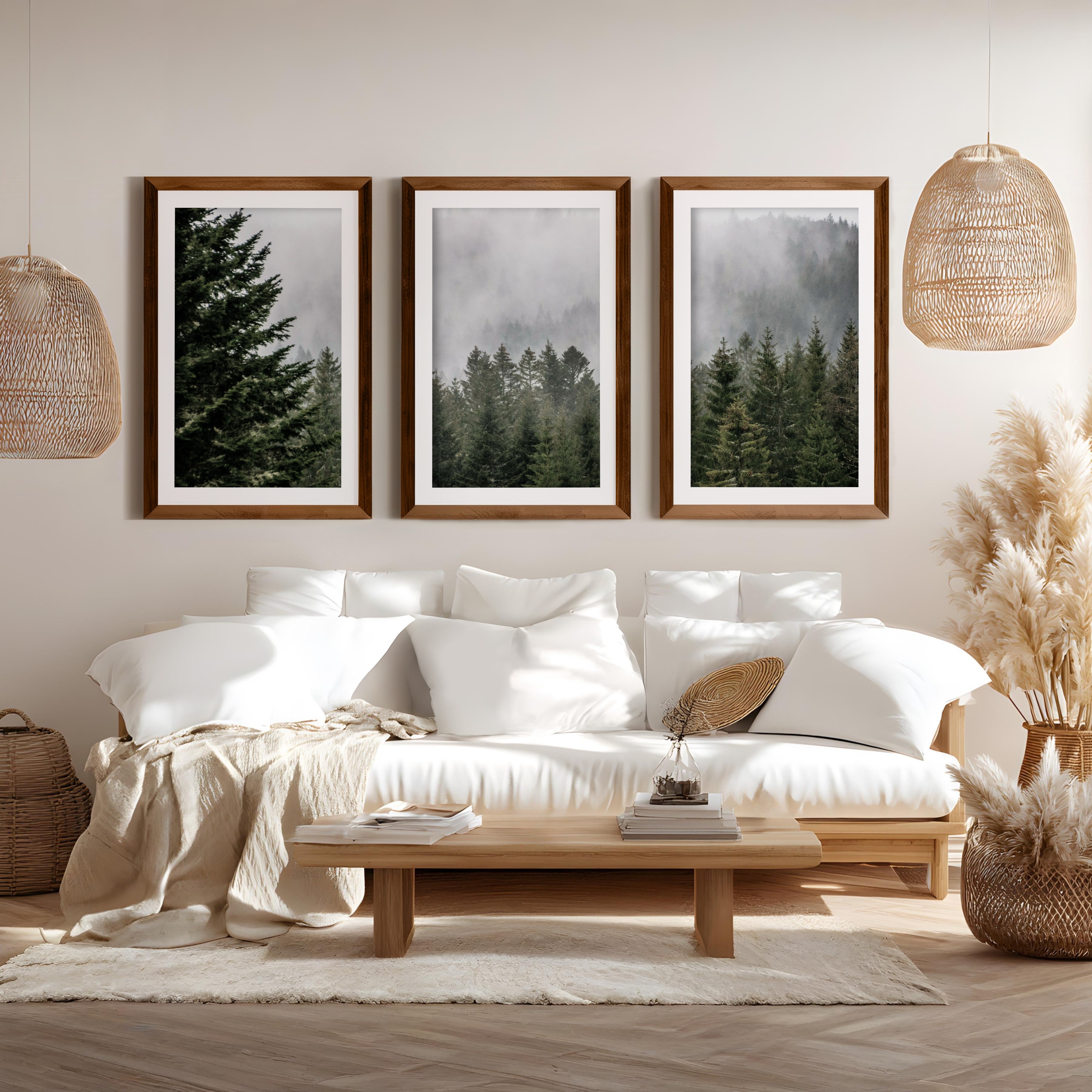 Green Pine Tree Forest and Large Mountain Wall Art Print - Dark Brown Framed Poster with White Border - Artworksets