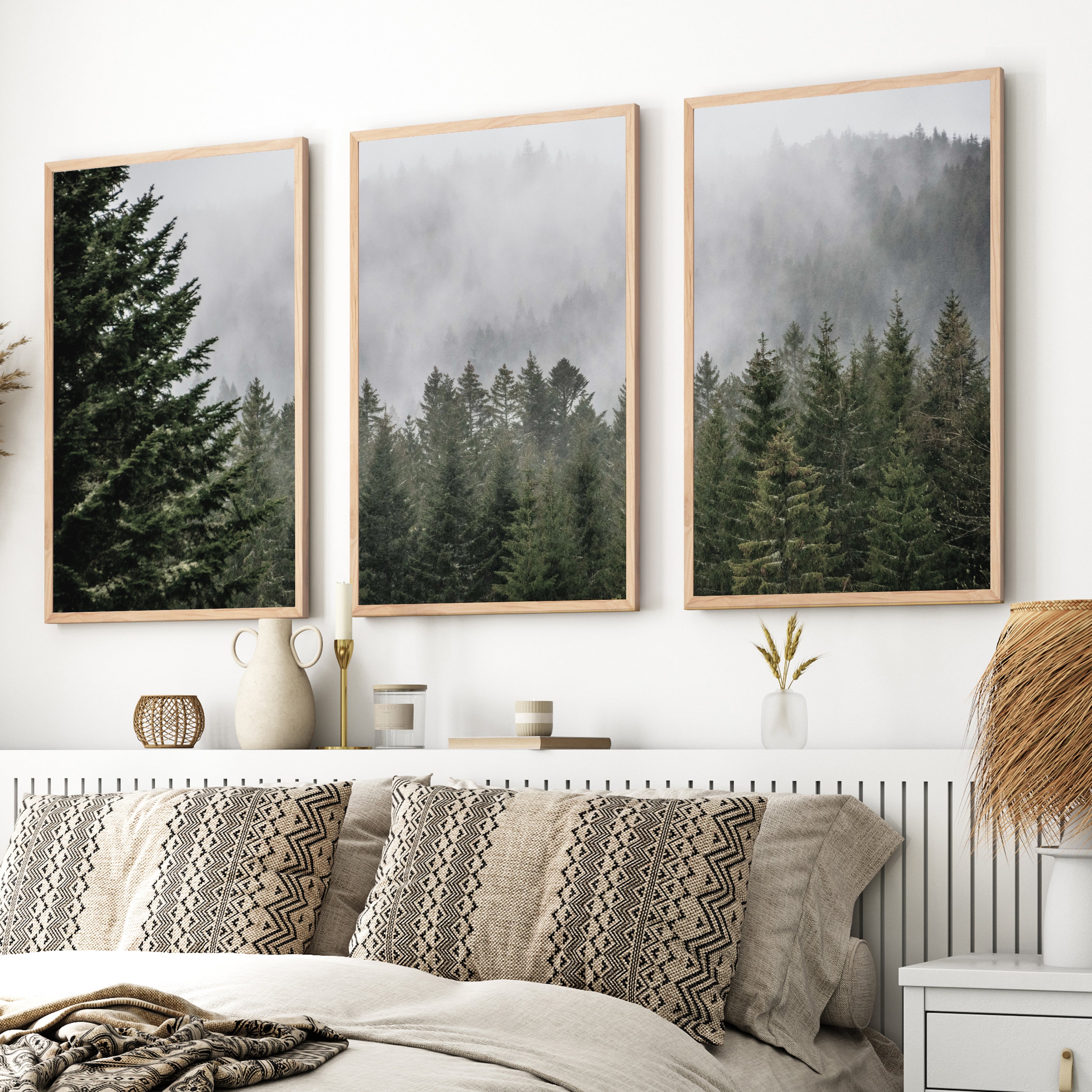 Green Pine Tree Forest and Large Mountain Wall Art Print - Natural Wood Framed Poster No Border - Artworksets