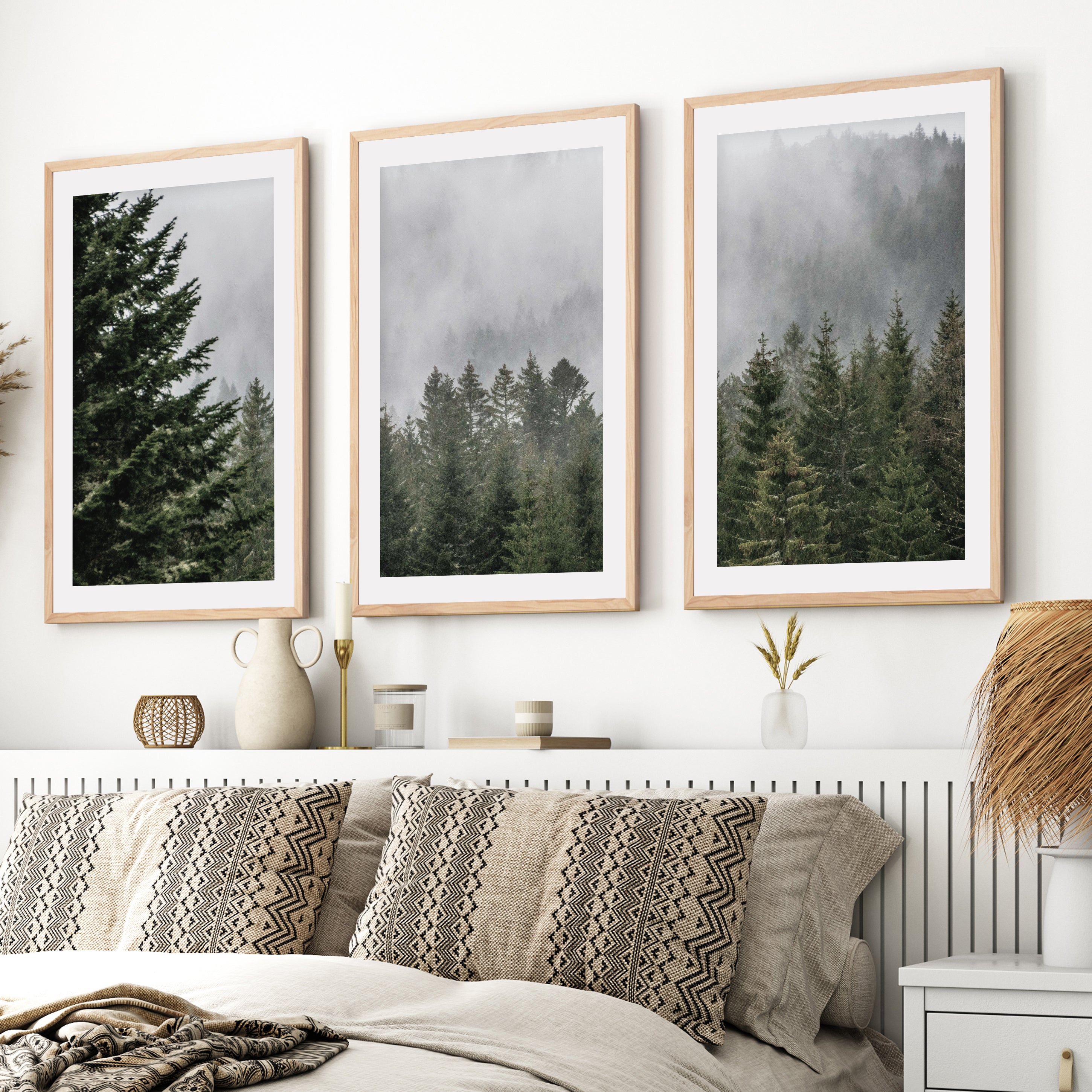 Green Pine Tree Forest and Large Mountain Wall Art Print- Natural Wood Framed Poster with White Border - Artworksets