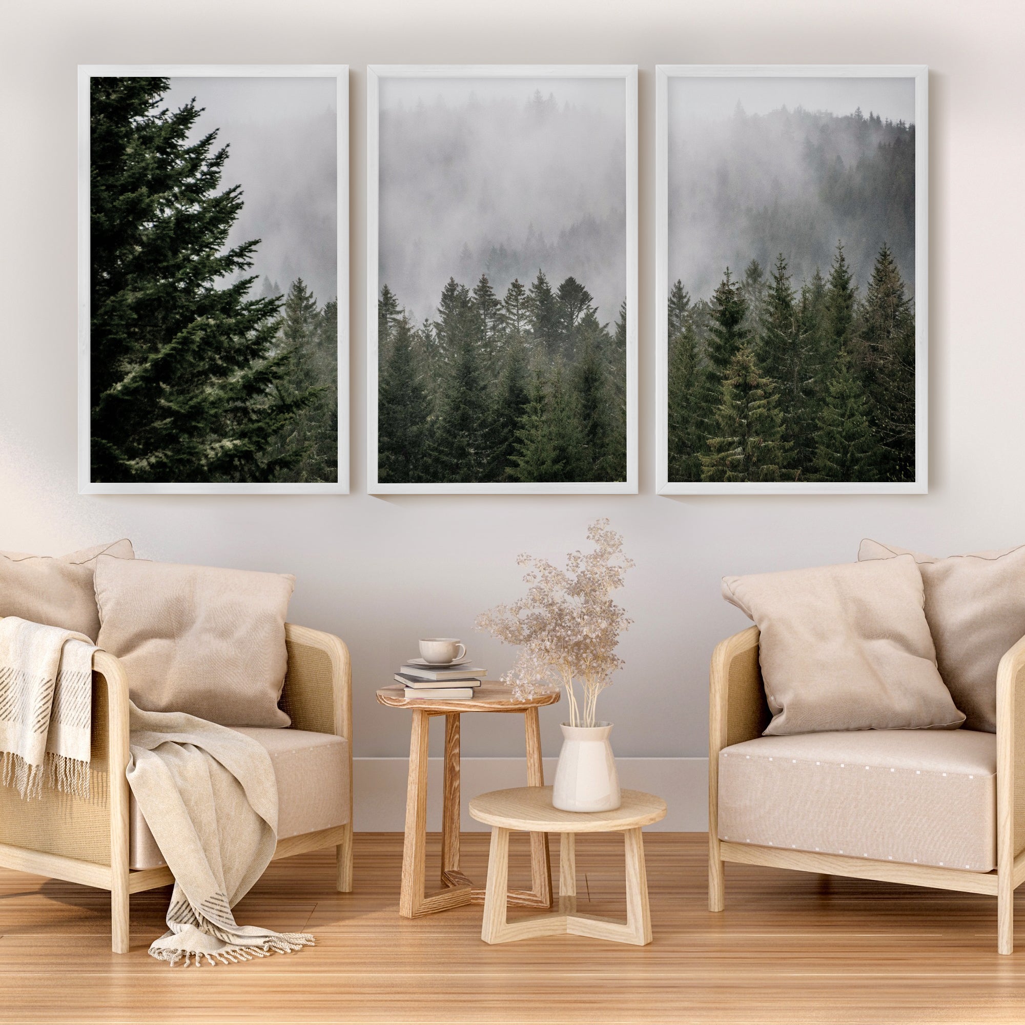 Green Pine Tree Forest and Large Mountain Wall Art Print - White Framed Poster No Border - Artworksets