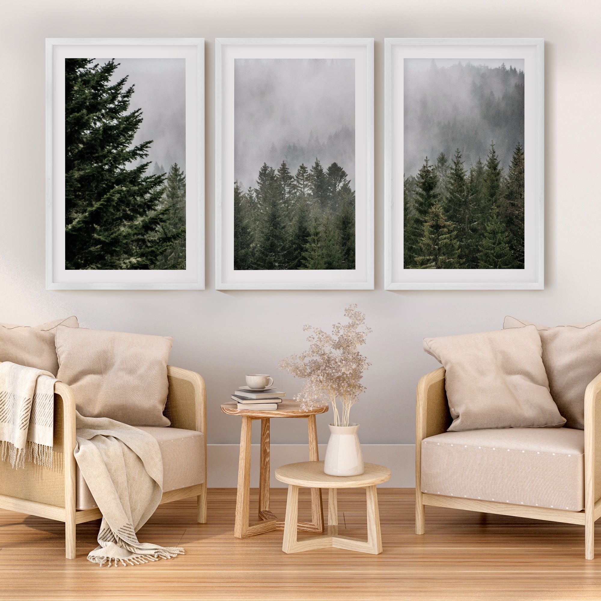 Green Pine Tree Forest and Large Mountain Wall Art Print - White Framed Poster with White Border - Artworksets