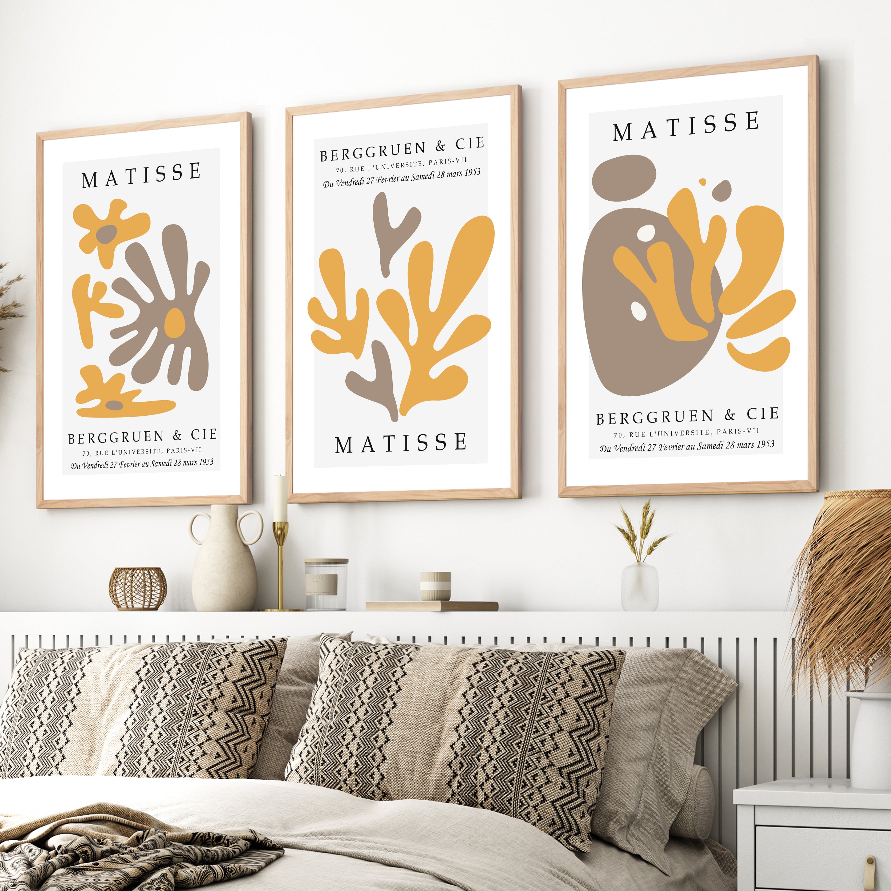 Henri Matisse Art Prints – Modern Abstract Wall Art Set of 3 - Natural Wood Framed Poster No Border - Artworksets