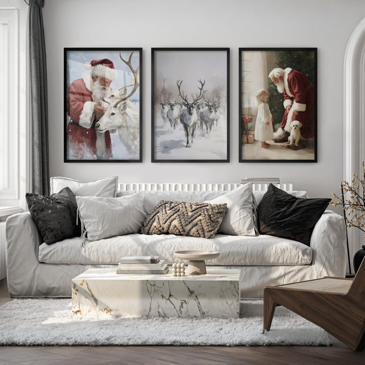 Holiday Wall Art Set of 3 – Santa, Reindeer, Christmas Tree Prints - Black Framed Poster No Border - Artworksets