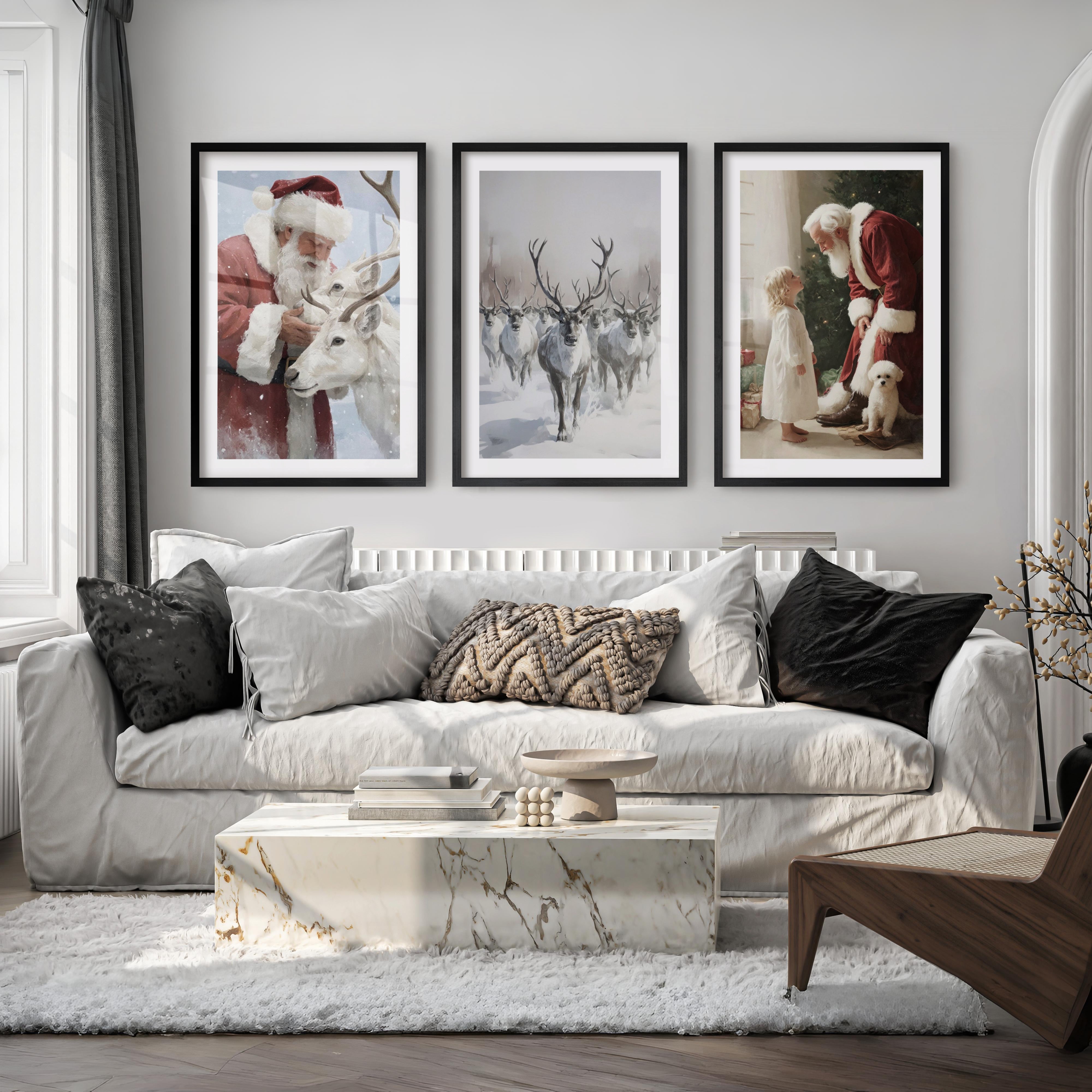 Holiday Wall Art Set of 3 – Santa, Reindeer, Christmas Tree Prints - Black Framed Poster with White Border - Artworksets