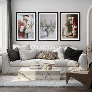 Holiday Wall Art Set of 3 – Santa, Reindeer, Christmas Tree Prints - Black Framed Poster with White Border - Artworksets