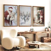 Holiday Wall Art Set of 3 – Santa, Reindeer, Christmas Tree Prints - Dark Brown Framed Poster No Border - Artworksets
