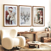 Holiday Wall Art Set of 3 – Santa, Reindeer, Christmas Tree Prints - Dark Brown Framed Poster with White Border - Artworksets