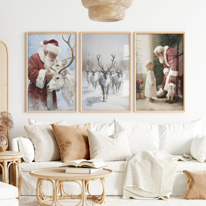 Holiday Wall Art Set of 3 – Santa, Reindeer, Christmas Tree Prints - Natural Wood Framed Poster No Border - Artworksets
