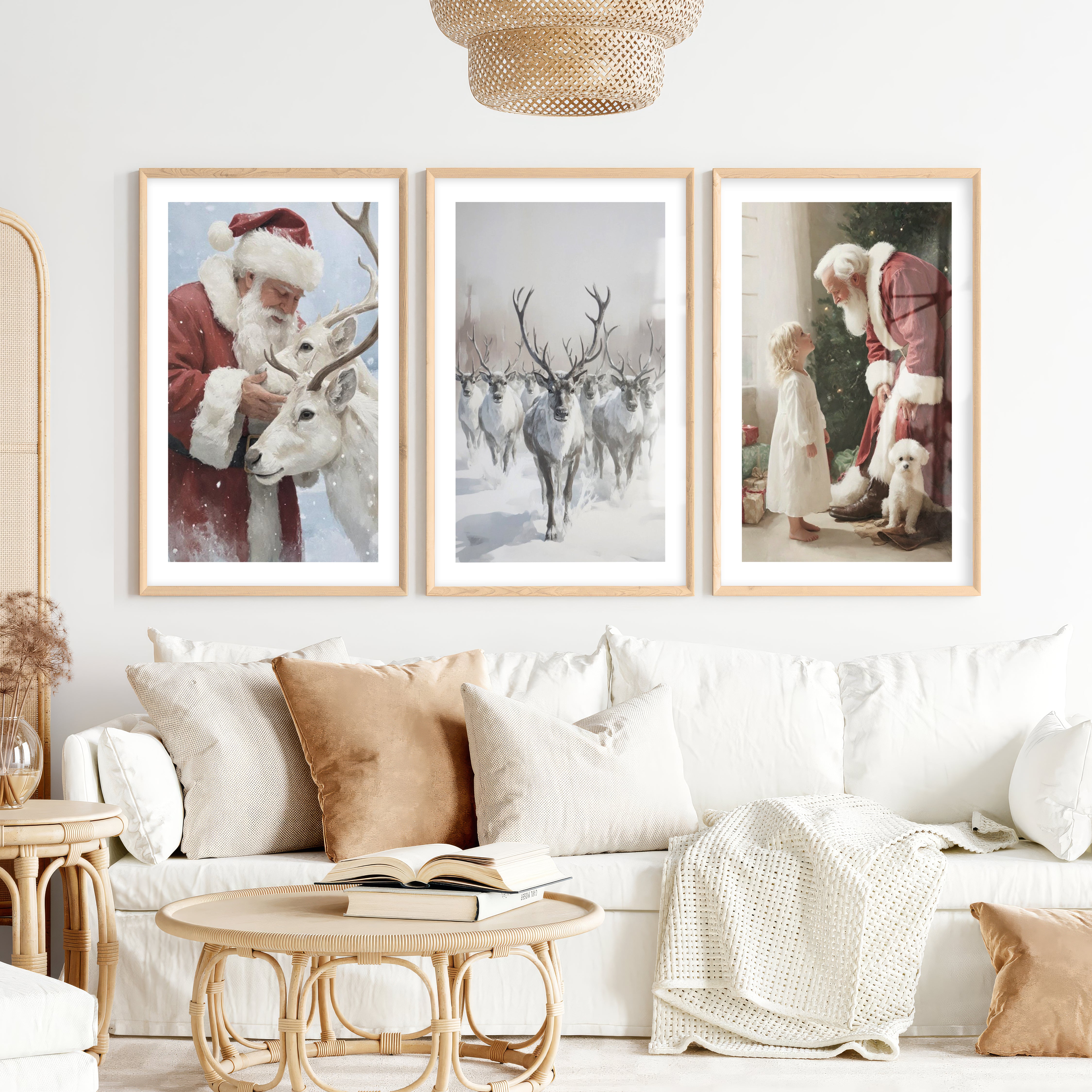 Holiday Wall Art Set of 3 – Santa, Reindeer, Christmas Tree Prints- Natural Wood Framed Poster with White Border - Artworksets