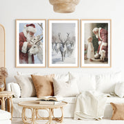 Holiday Wall Art Set of 3 – Santa, Reindeer, Christmas Tree Prints- Natural Wood Framed Poster with White Border - Artworksets
