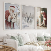 Holiday Wall Art Set of 3 – Santa, Reindeer, Christmas Tree Prints - White Framed Poster No Border - Artworksets