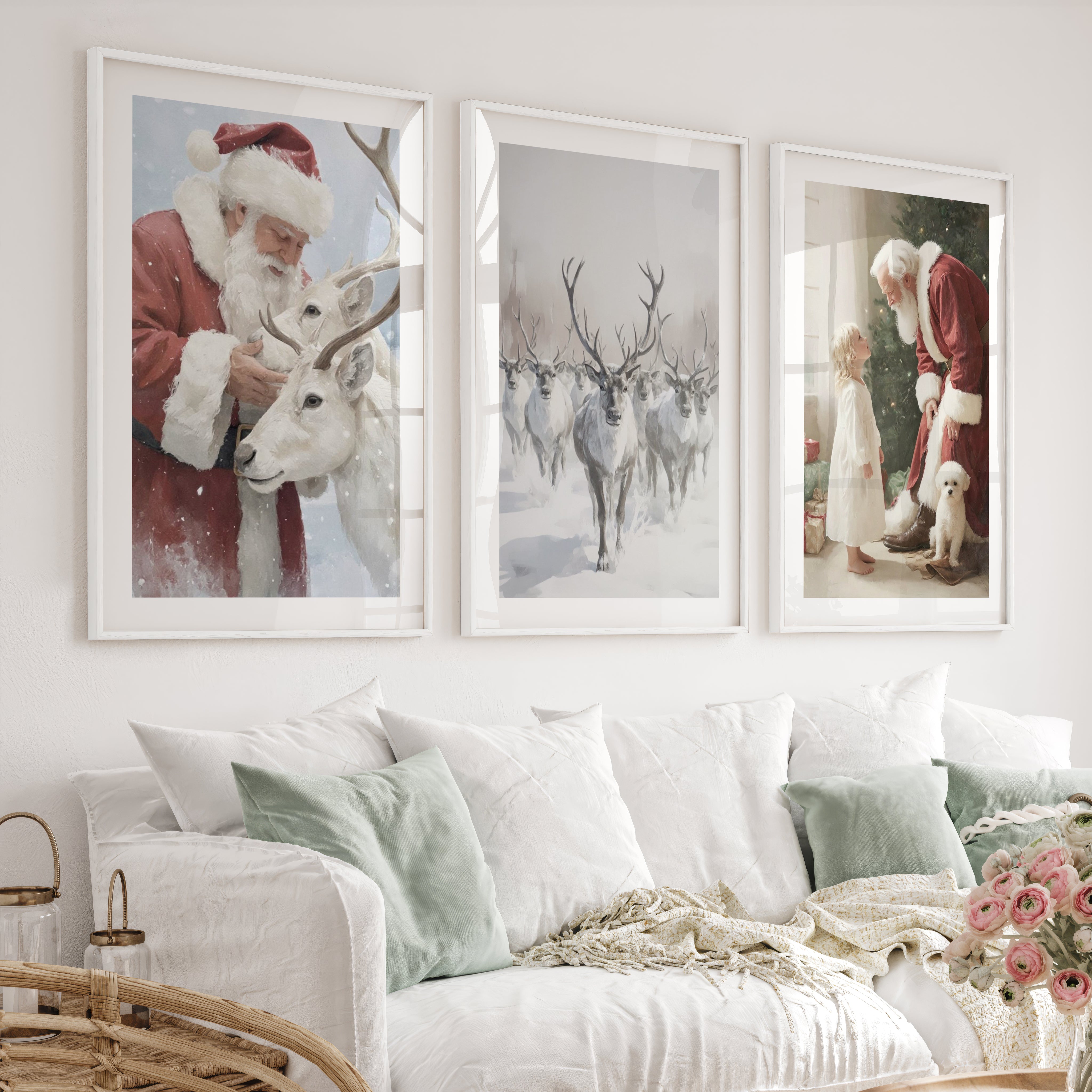 Holiday Wall Art Set of 3 – Santa, Reindeer, Christmas Tree Prints - White Framed Poster with White Border - Artworksets