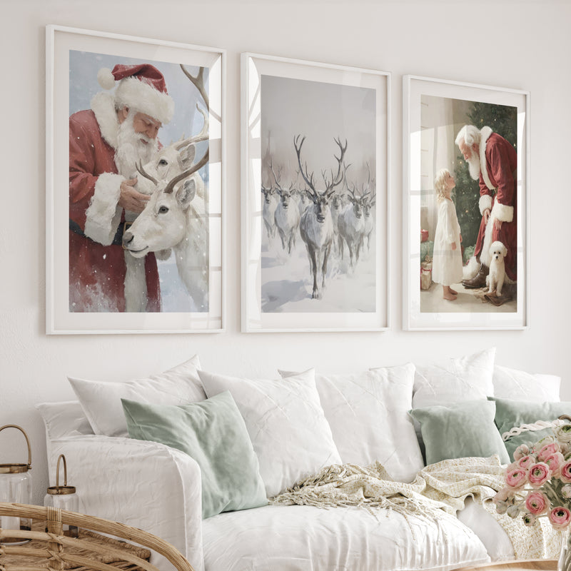 Holiday Wall Art Set of 3 – Santa, Reindeer, Christmas Tree Prints - White Framed Poster with White Border - Artworksets