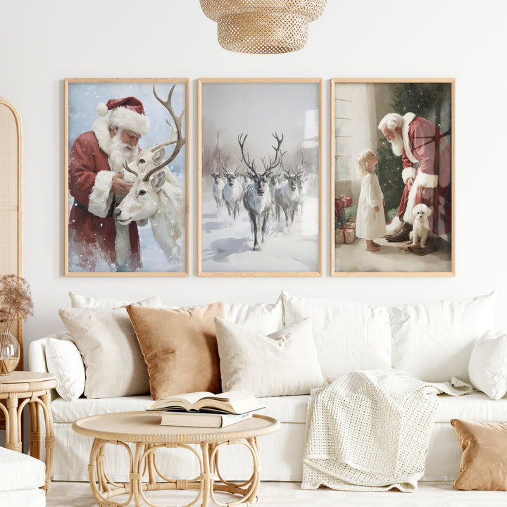 Holiday Wall Art Set of 3 – Santa, Reindeer, Christmas Tree Prints - Natural Wood Framed Poster No Border - Artworksets
