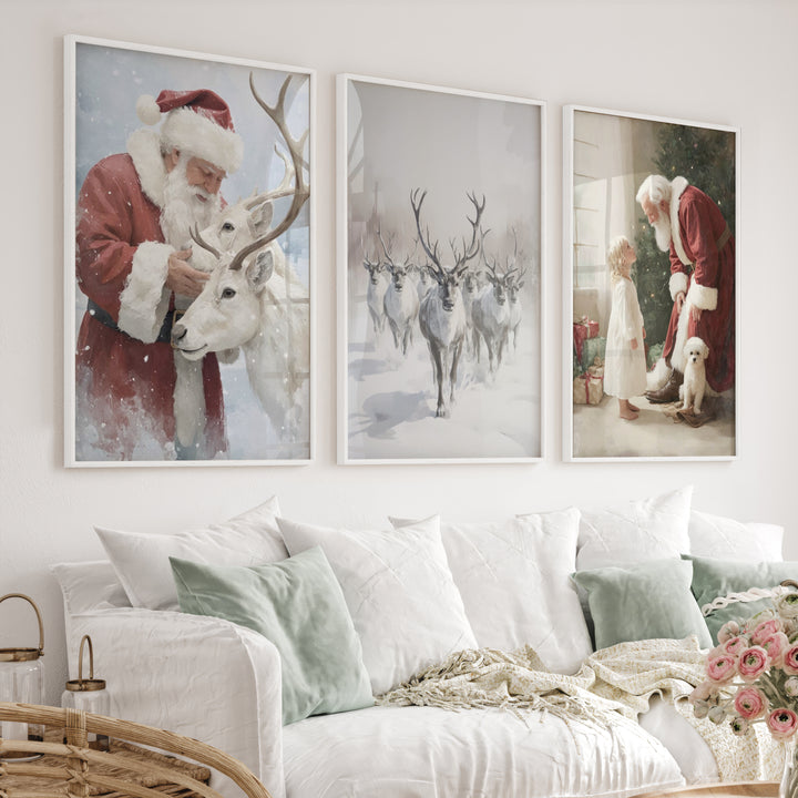 Holiday Wall Art Set of 3 – Santa, Reindeer, Christmas Tree Prints - White Framed Poster No Border - Artworksets