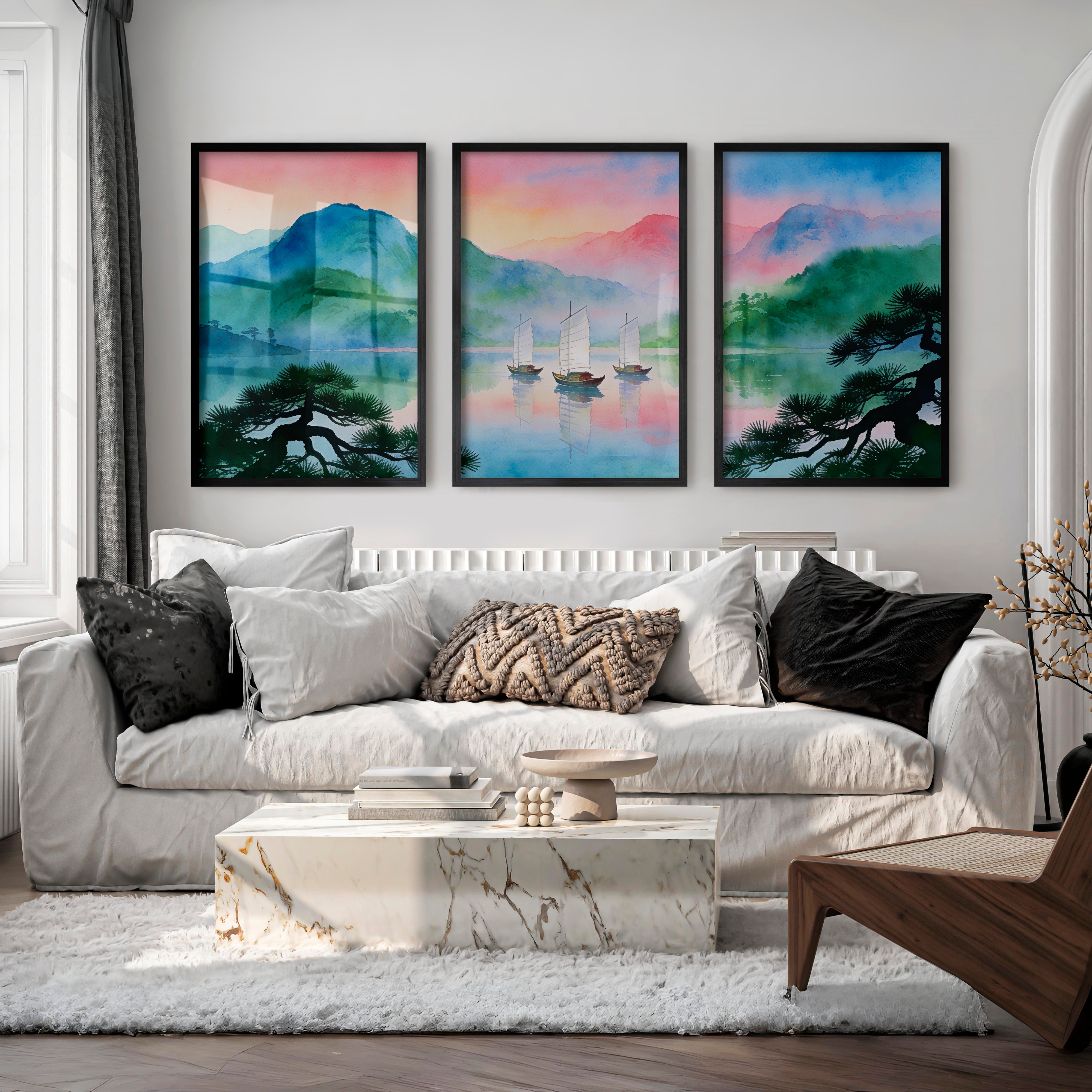 Misty Lake Sailboats interior design japandi - Black Framed Poster No Border - Artworksets