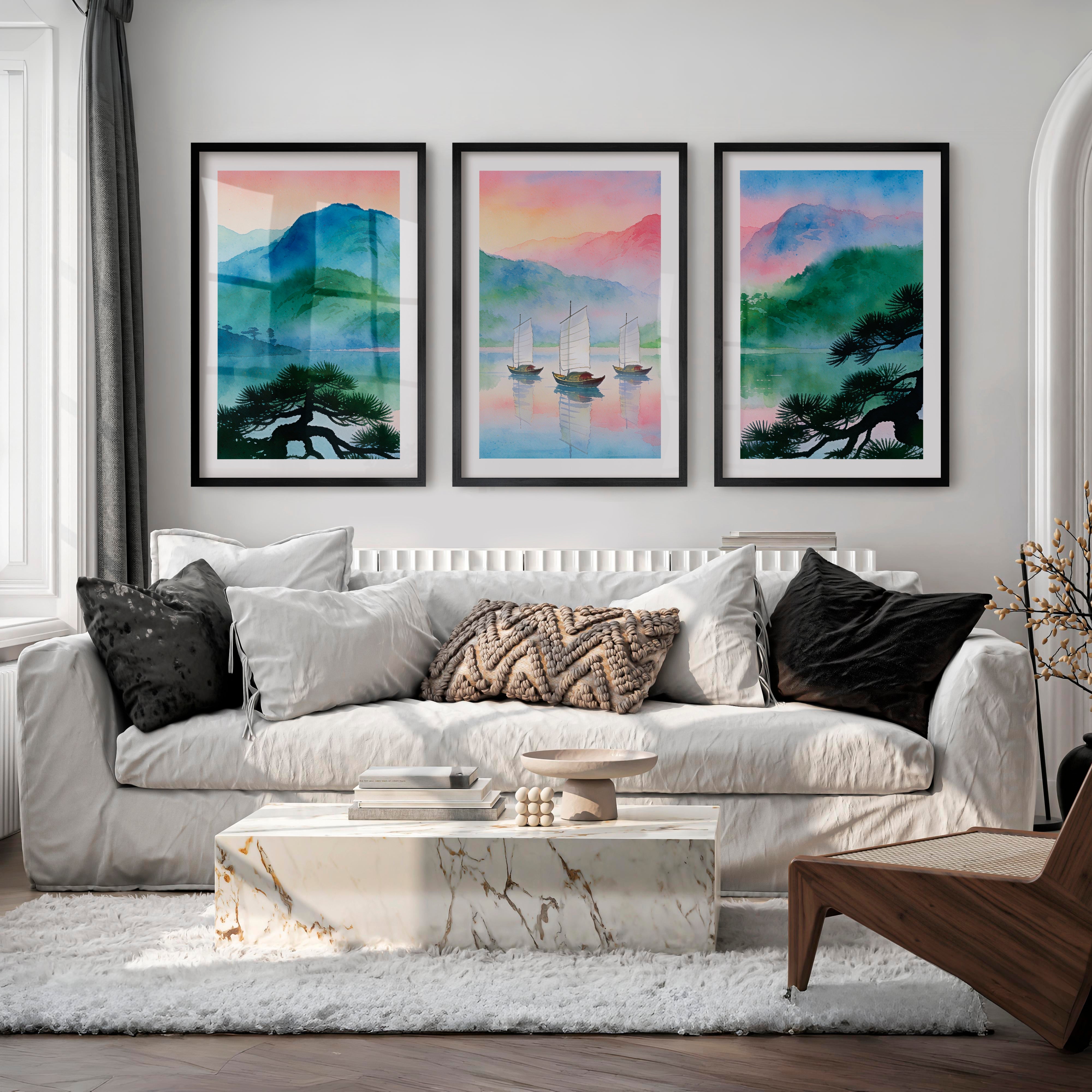 Misty Lake Sailboats interior design japandi - Black Framed Poster with White Border - Artworksets