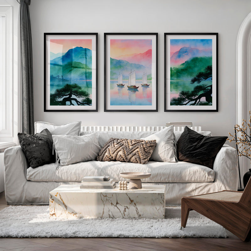 Misty Lake Sailboats interior design japandi - Black Framed Poster with White Border - Artworksets