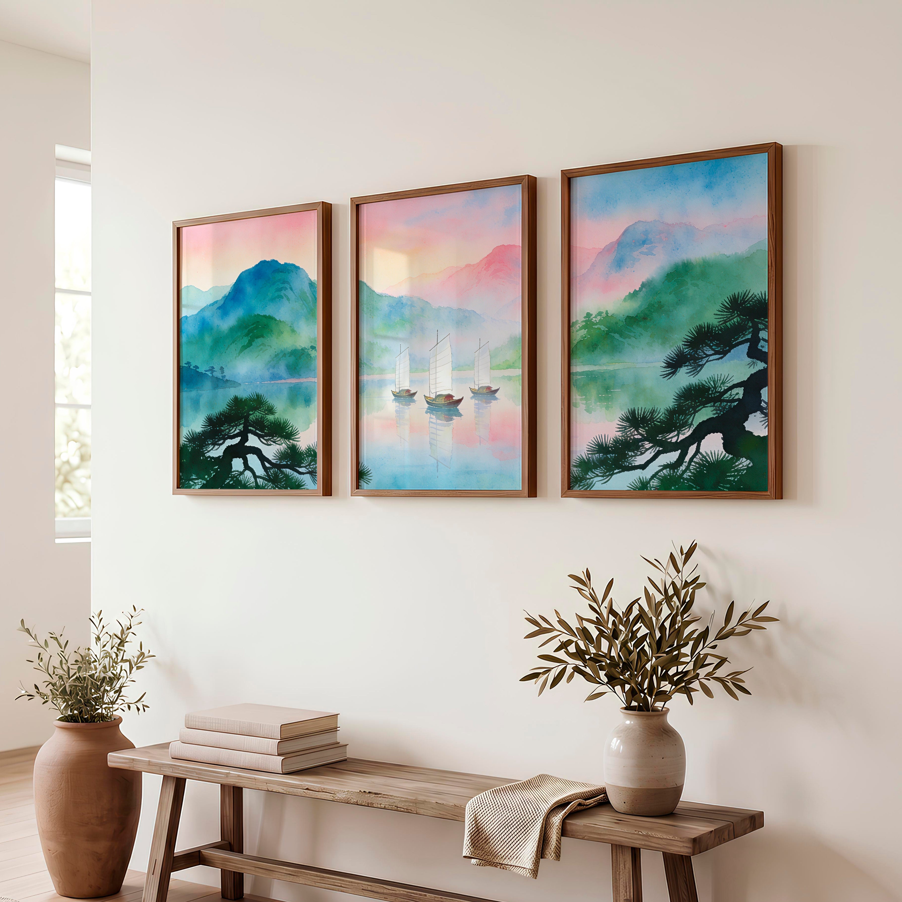 Misty Lake Sailboats interior design japandi - Dark Brown Framed Poster No Border - Artworksets