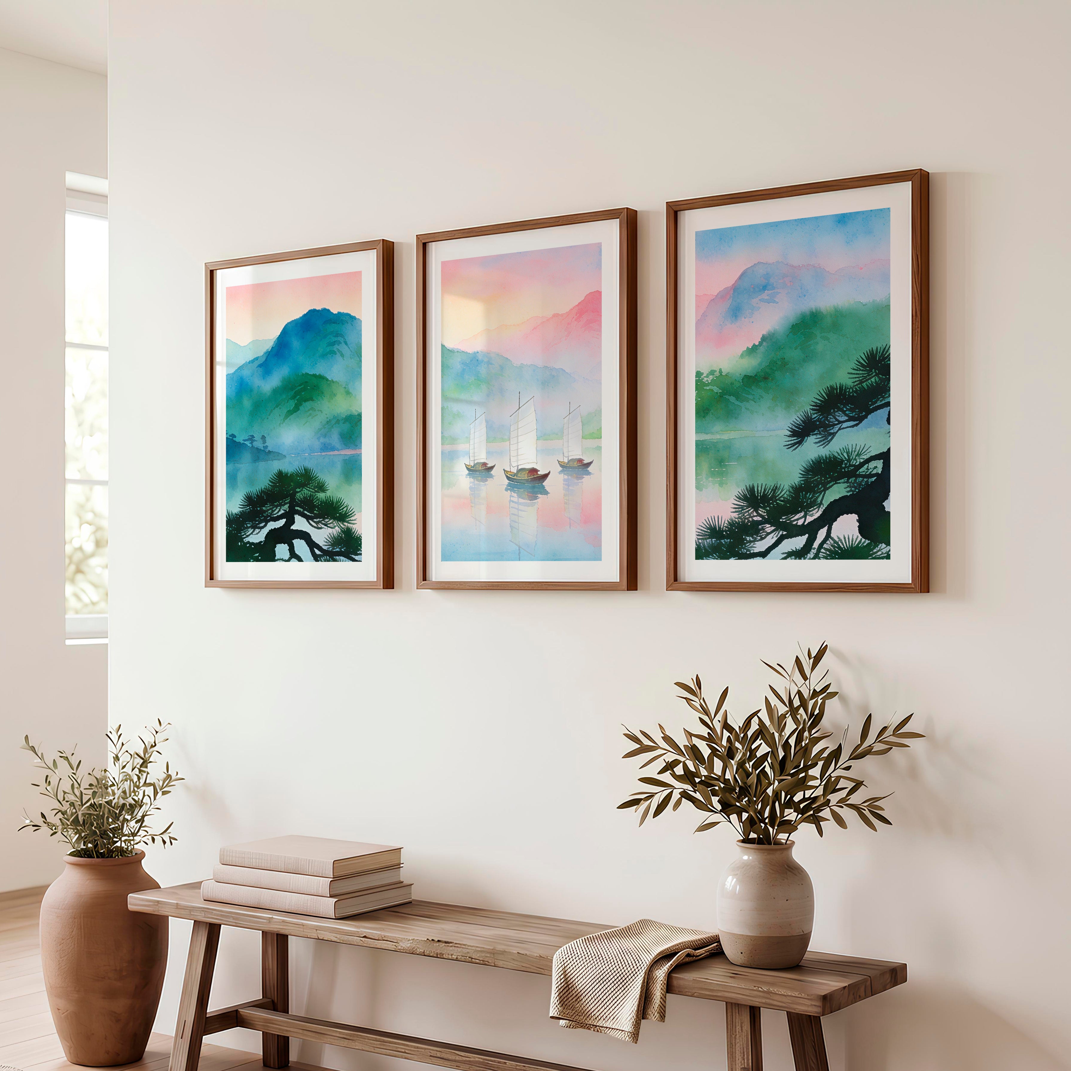 Misty Lake Sailboats interior design japandi - Dark Brown Framed Poster with White Border - Artworksets