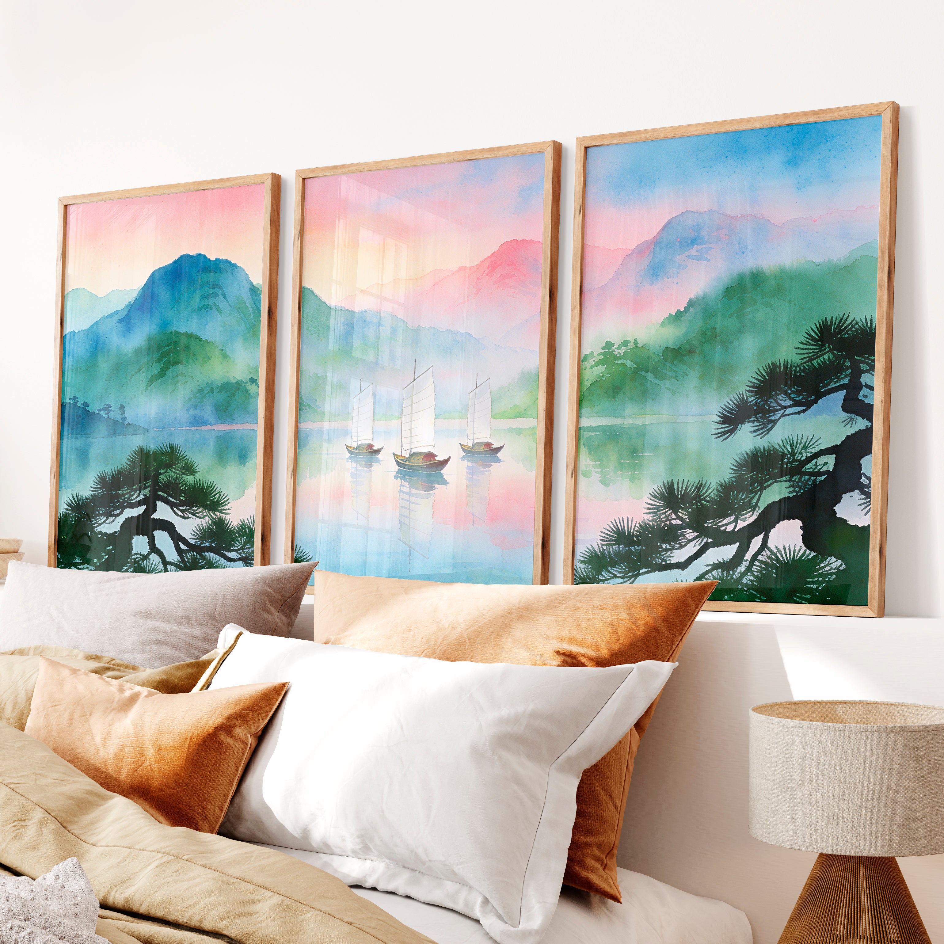 Misty Lake Sailboats interior design japandi - Natural Wood Framed Poster No Border - Artworksets