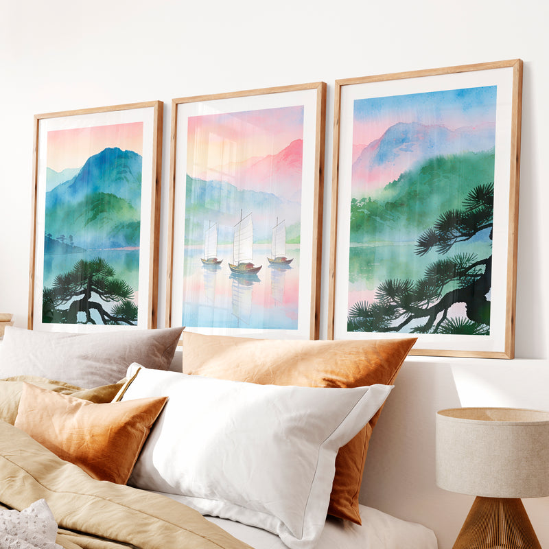 Misty Lake Sailboats interior design japandi- Natural Wood Framed Poster with White Border - Artworksets