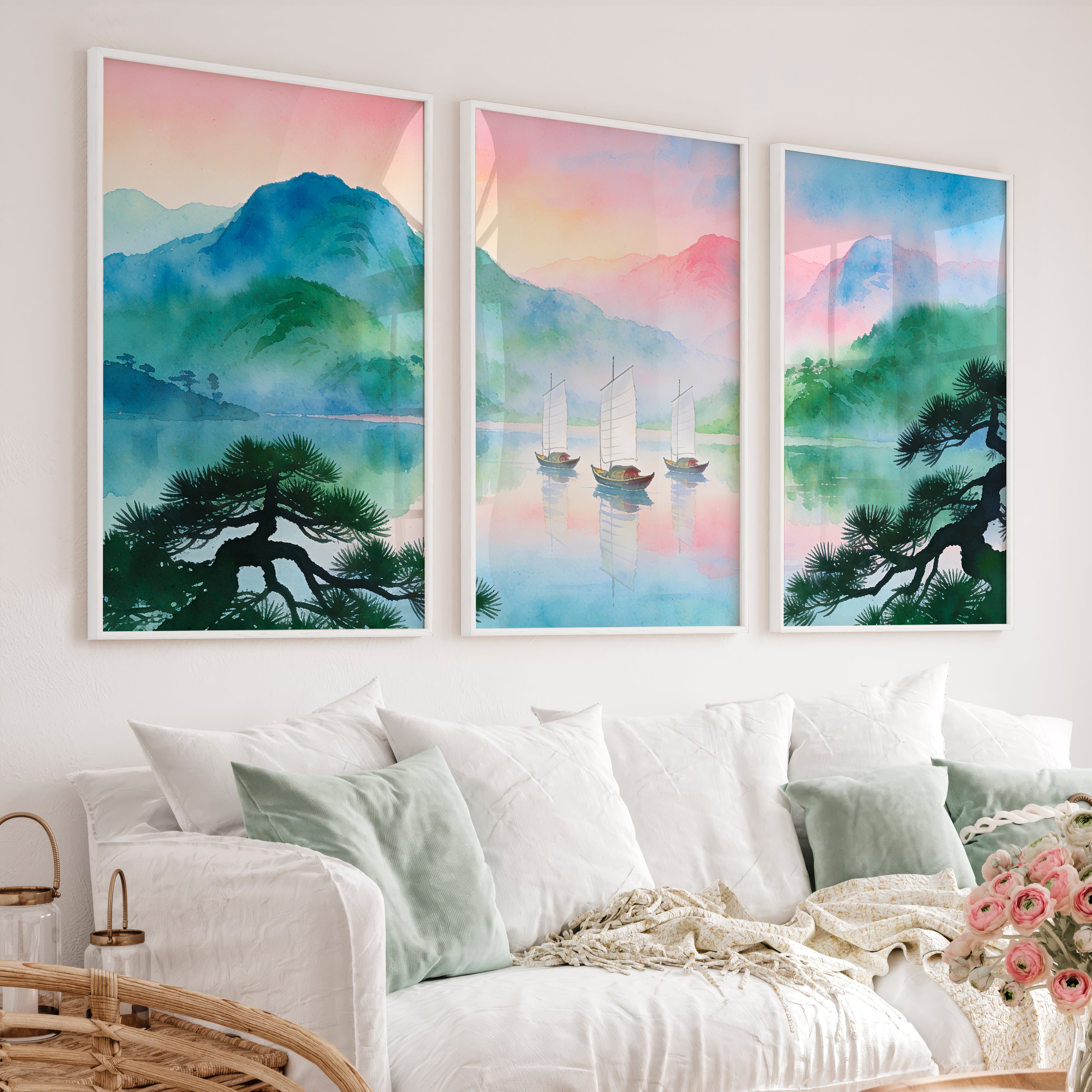 Misty Lake Sailboats interior design japandi - White Framed Poster No Border - Artworksets