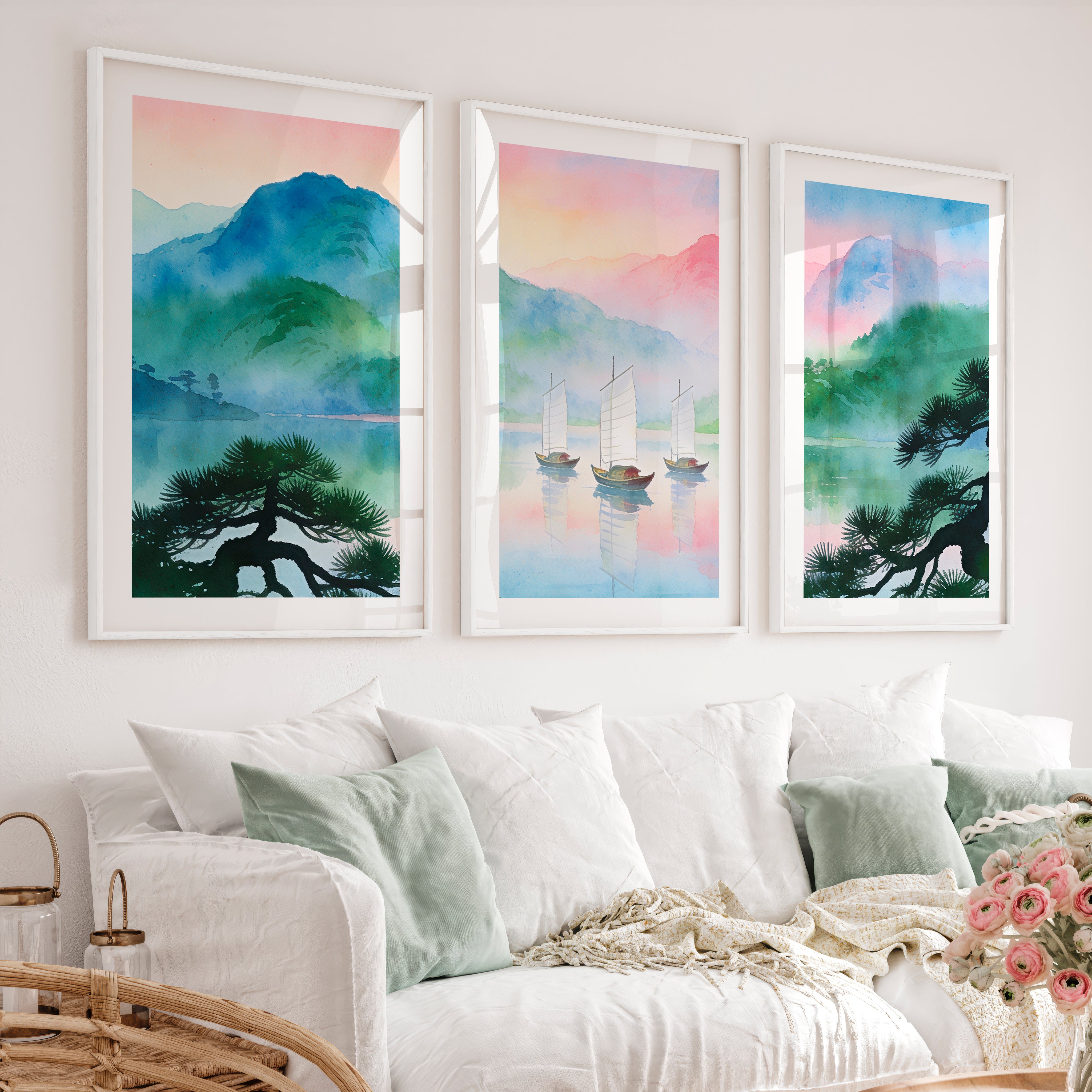 Misty Lake Sailboats interior design japandi - White Framed Poster with White Border - Artworksets