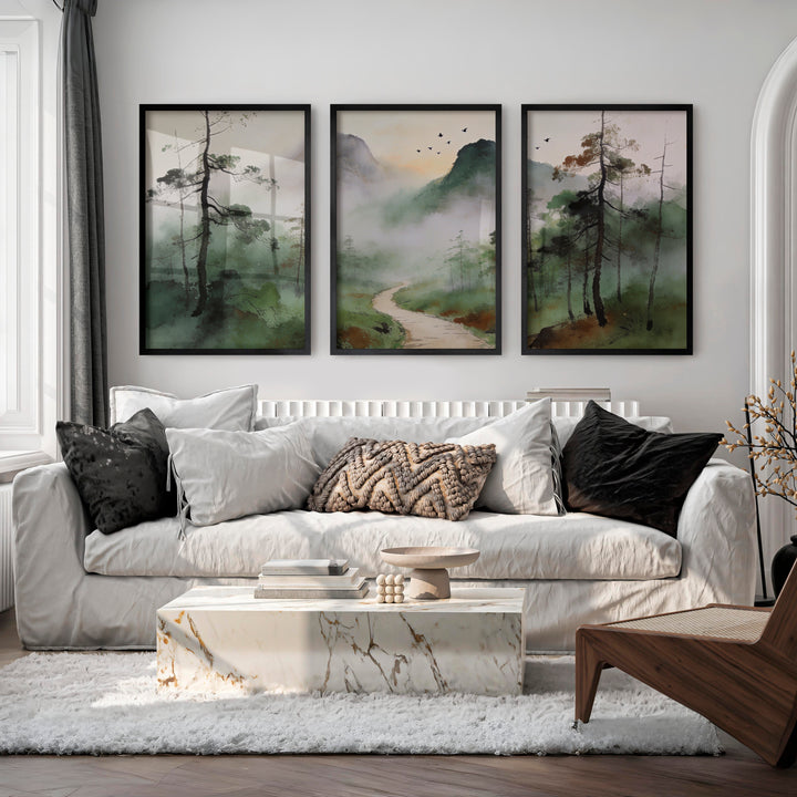 Misty Mountain Path for interior design japandi - Black Framed Poster No Border - Artworksets