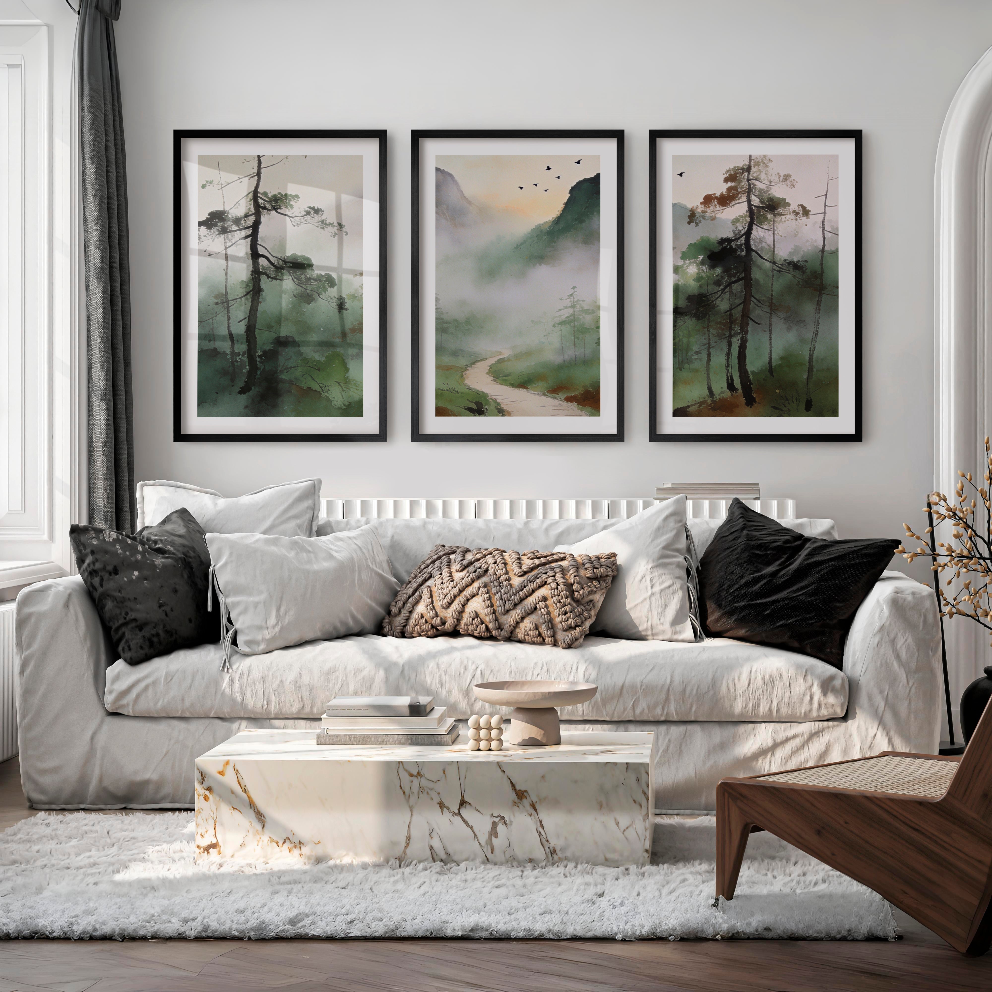 Misty Mountain Path for interior design japandi - Black Framed Poster with White Border - Artworksets