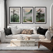Misty Mountain Path for interior design japandi - Black Framed Poster with White Border - Artworksets