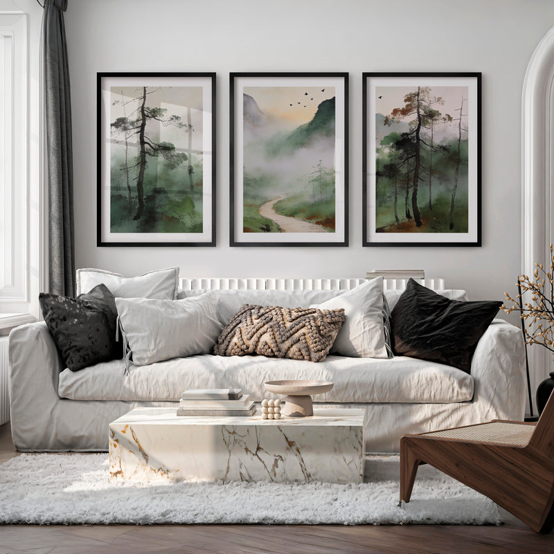 Misty Mountain Path for interior design japandi - Black Framed Poster with White Border - Artworksets
