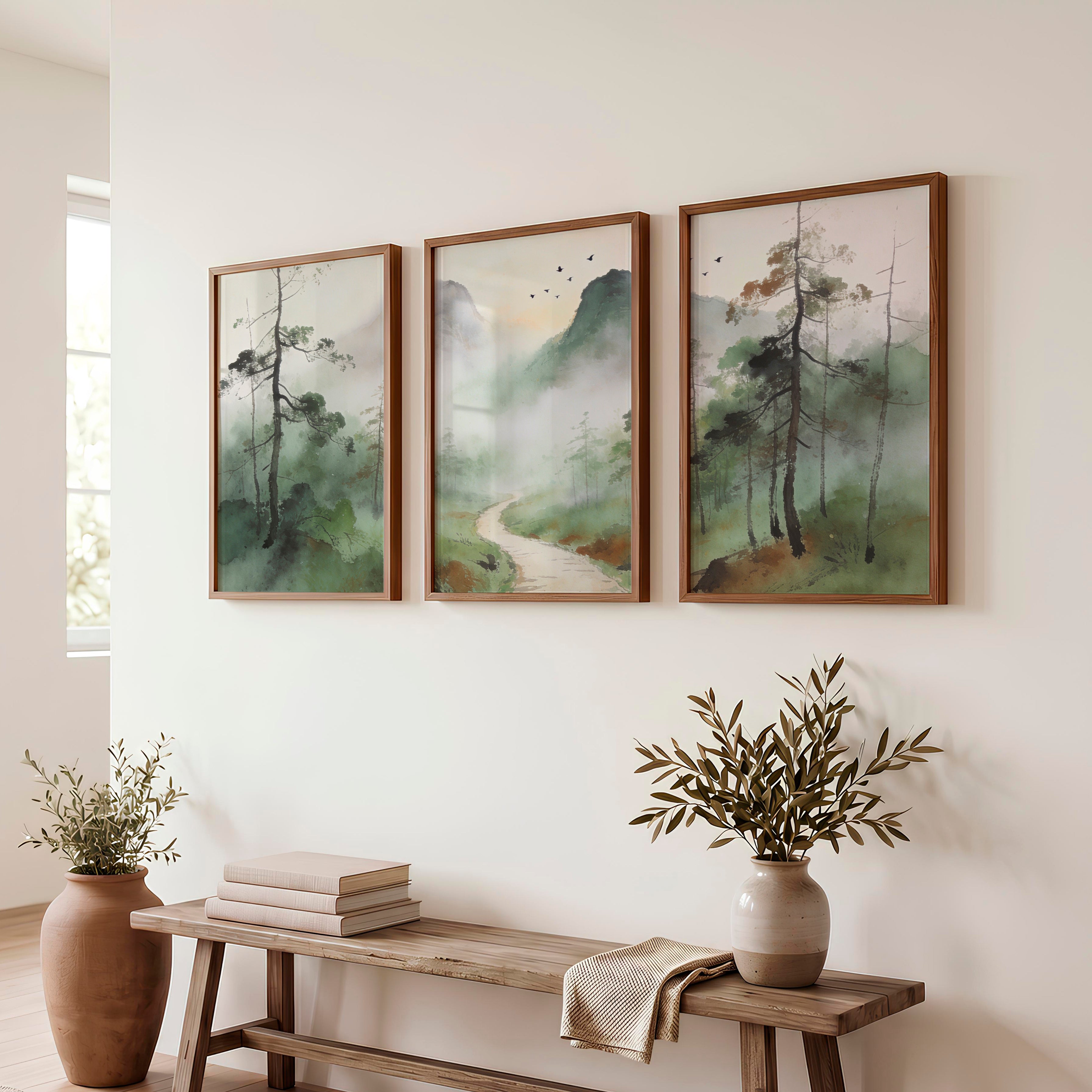 Misty Mountain Path for interior design japandi - Dark Brown Framed Poster No Border - Artworksets