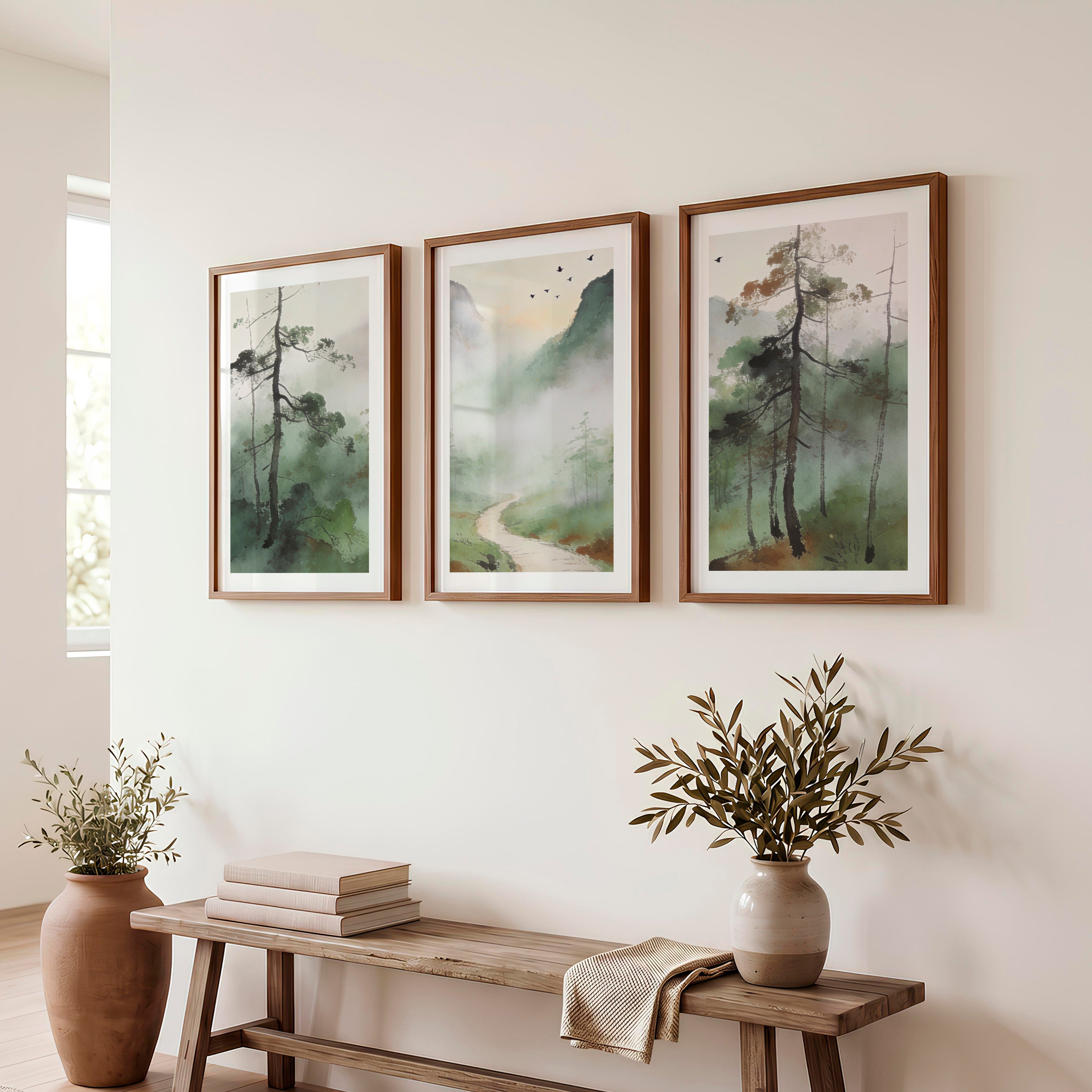 Misty Mountain Path for interior design japandi - Dark Brown Framed Poster with White Border - Artworksets