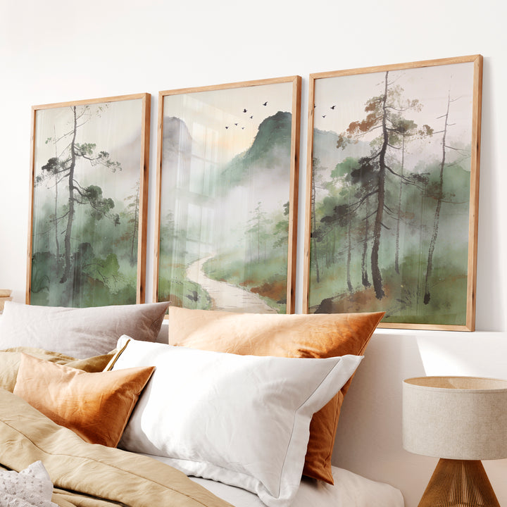 Misty Mountain Path for interior design japandi - Natural Wood Framed Poster No Border - Artworksets