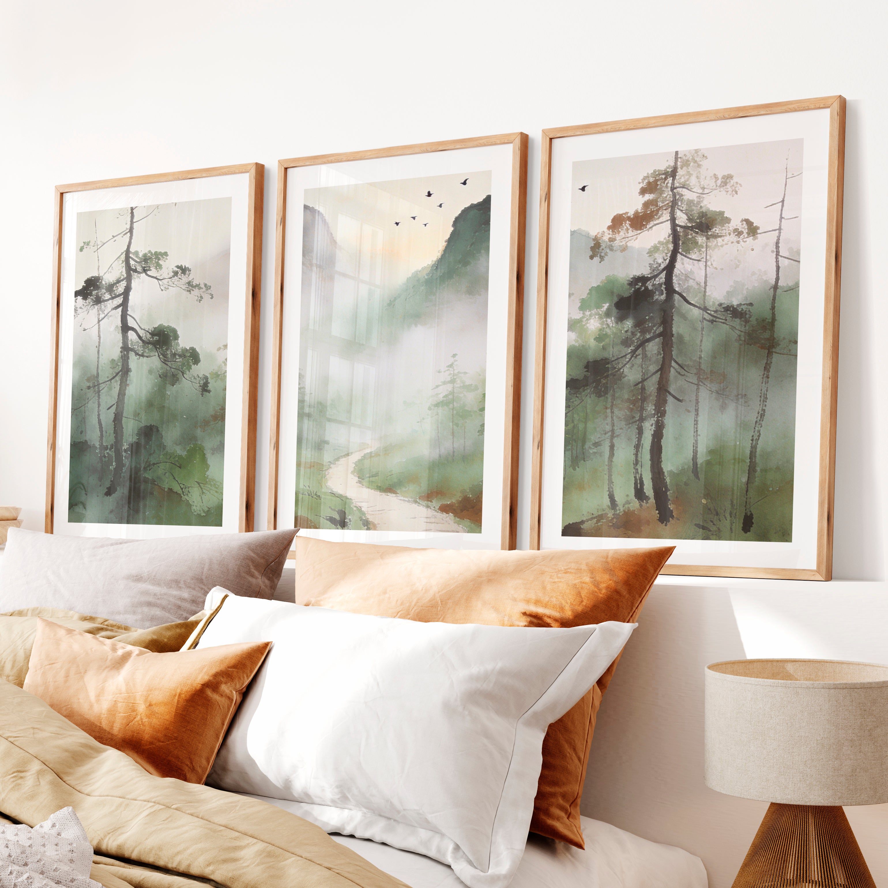 Misty Mountain Path for interior design japandi- Natural Wood Framed Poster with White Border - Artworksets