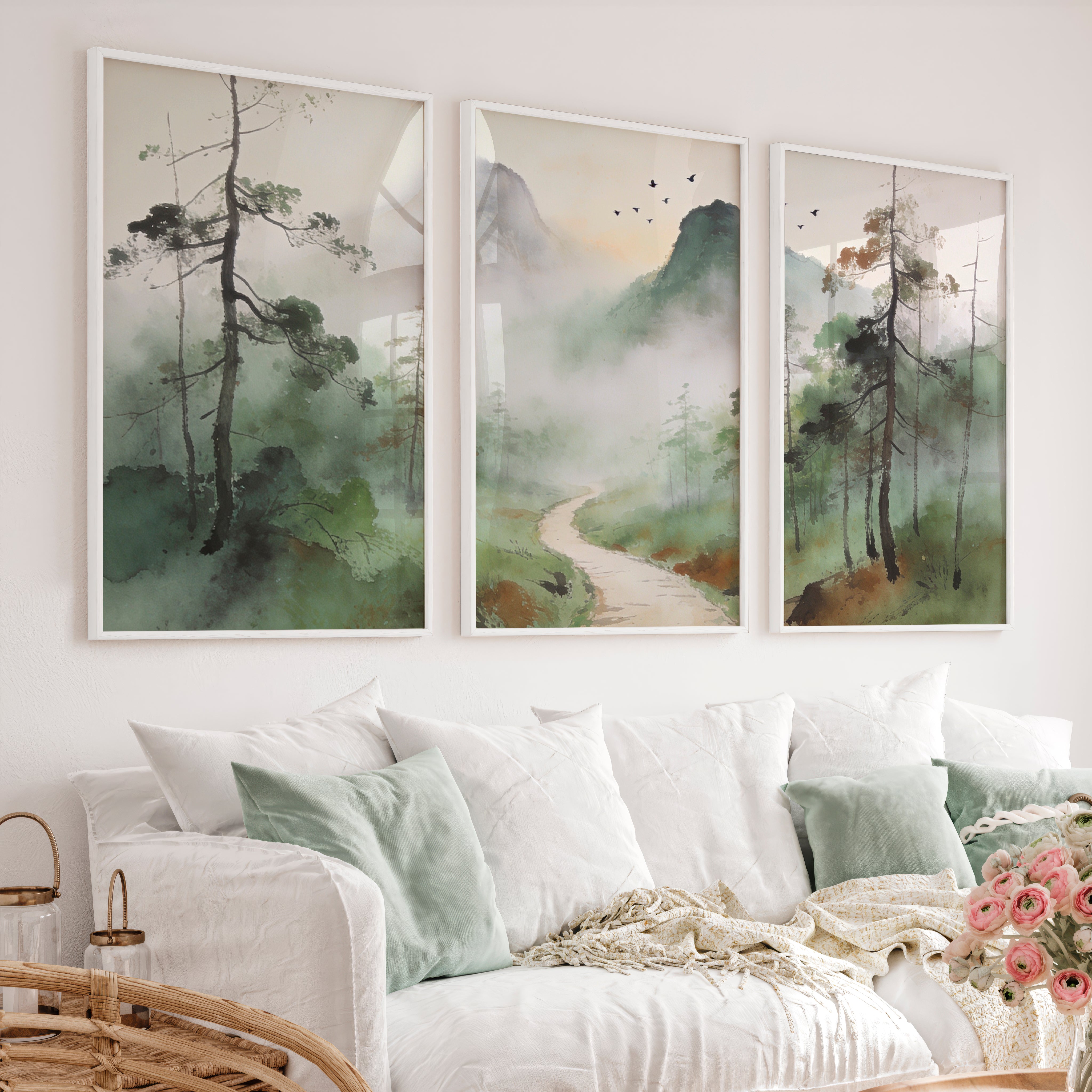 Misty Mountain Path for interior design japandi - White Framed Poster No Border - Artworksets