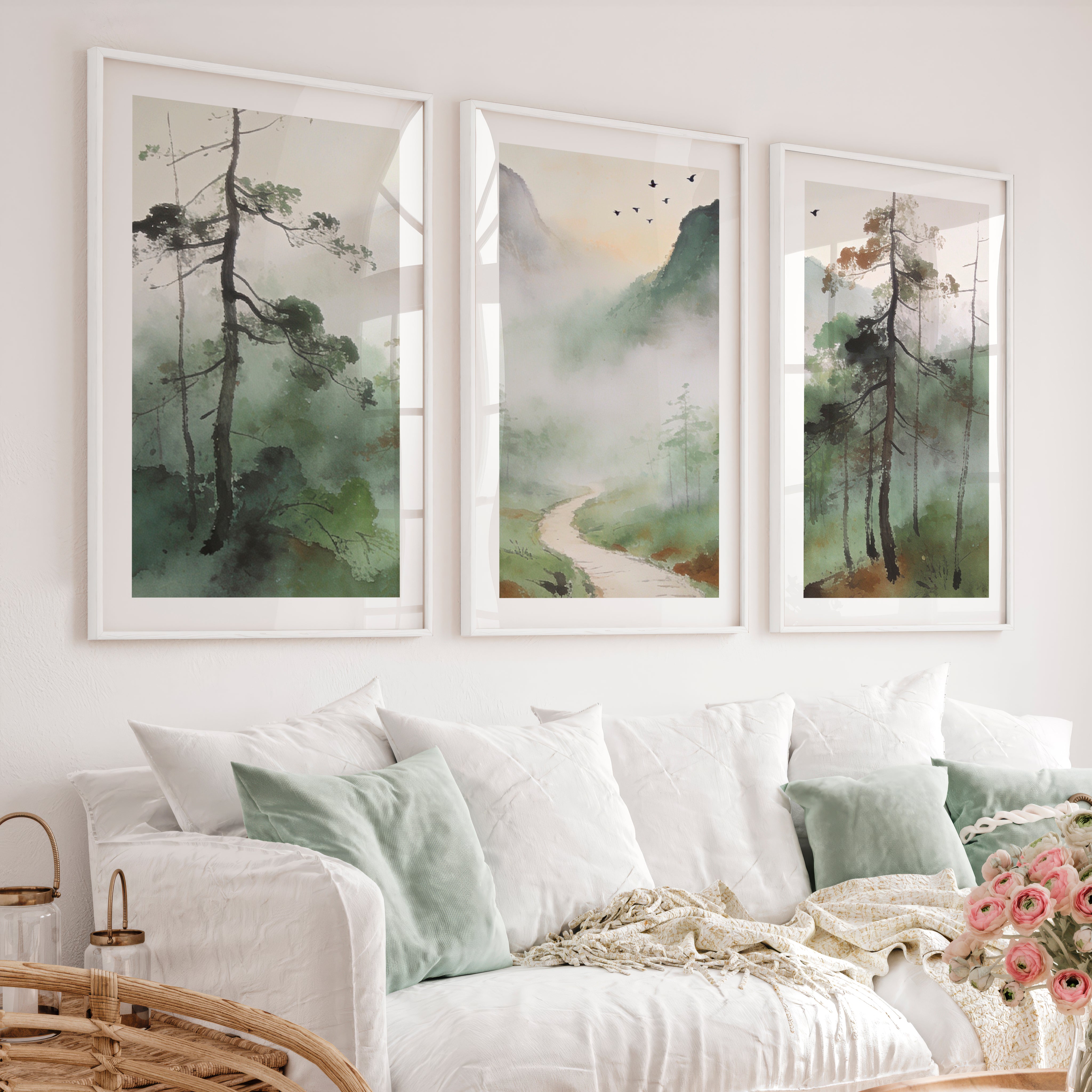 Misty Mountain Path for interior design japandi - White Framed Poster with White Border - Artworksets