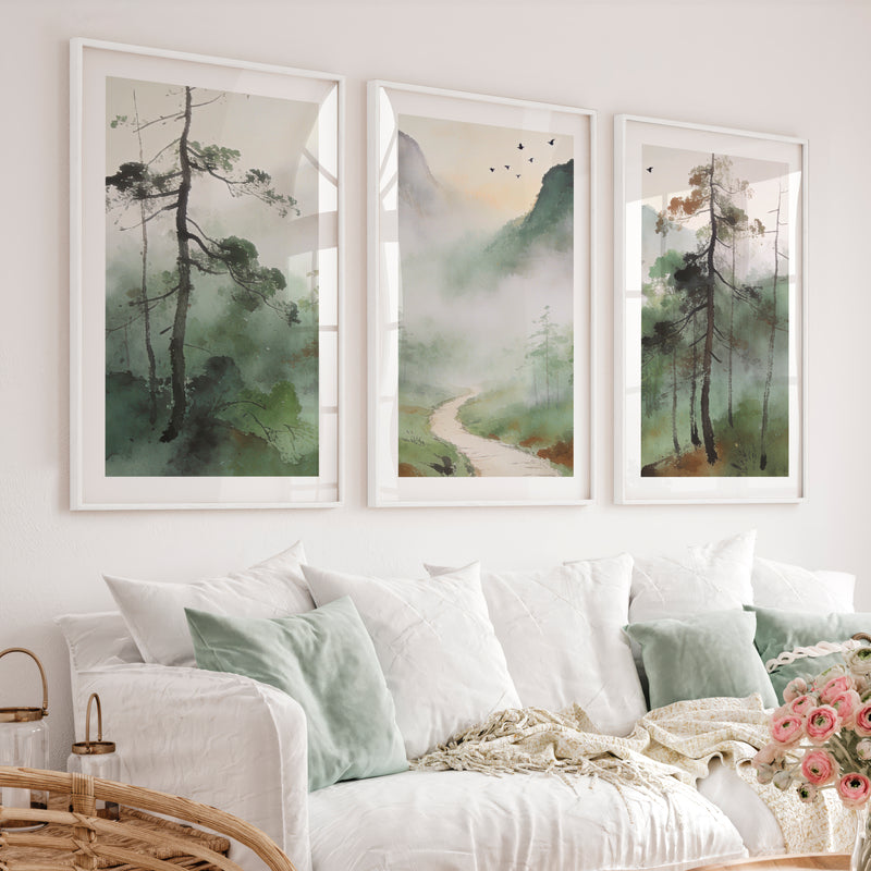 Misty Mountain Path for interior design japandi - White Framed Poster with White Border - Artworksets