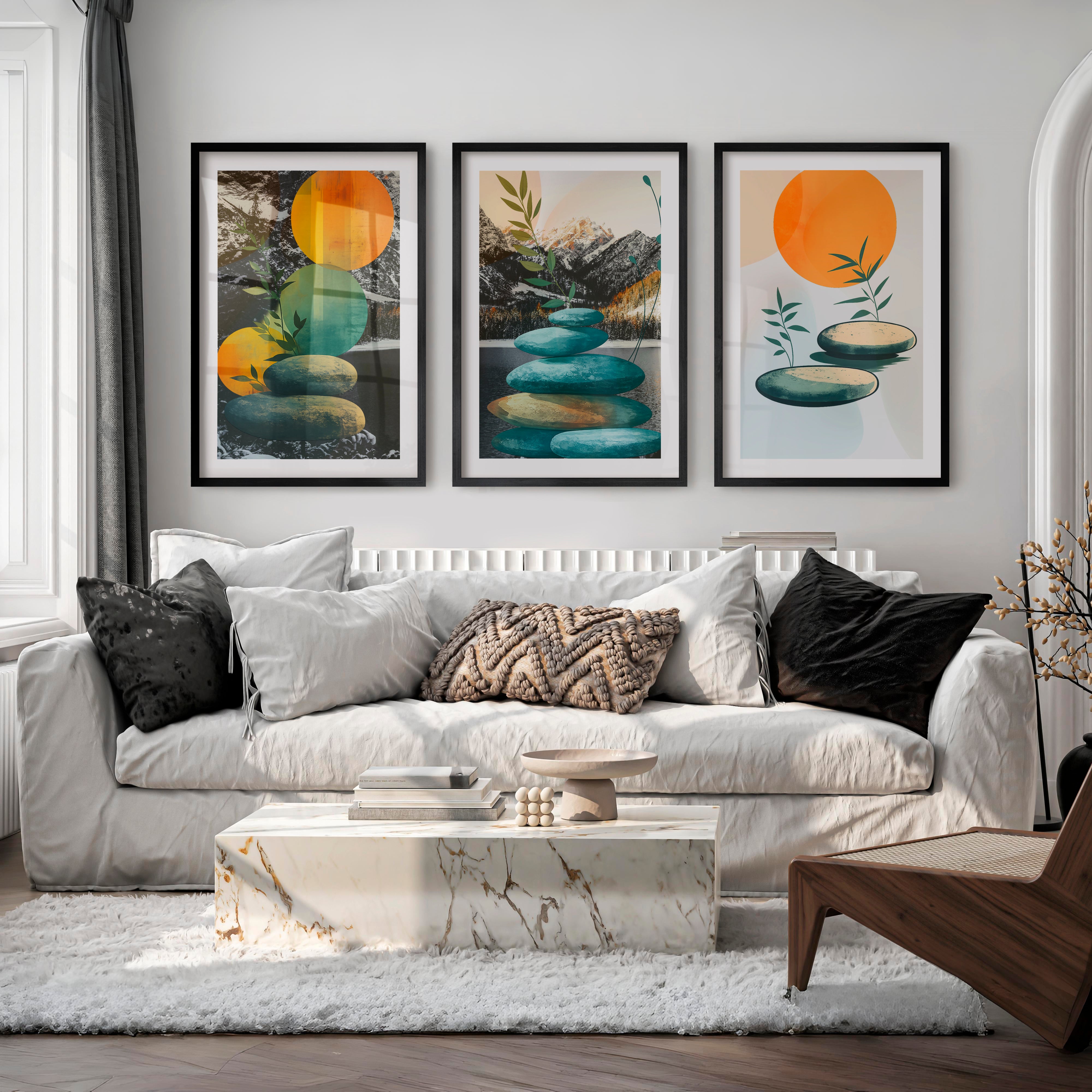 Stacked Stones interior design japandi - Black Framed Poster with White Border - Artworksets