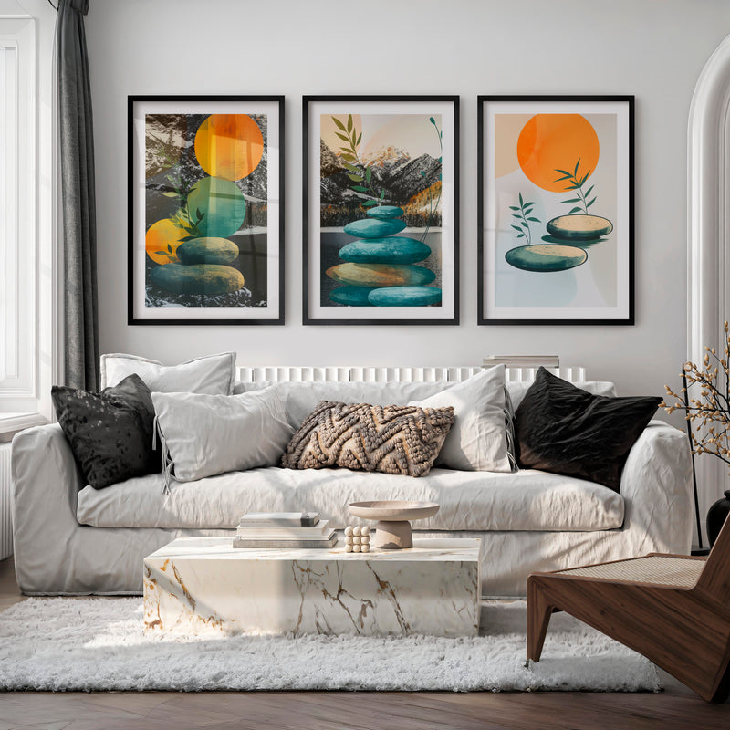 Stacked Stones interior design japandi - Black Framed Poster with White Border - Artworksets