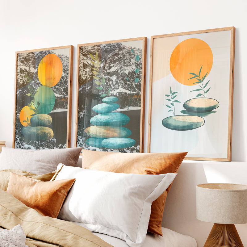 Stacked Stones interior design japandi - Natural Wood Framed Poster No Border - Artworksets
