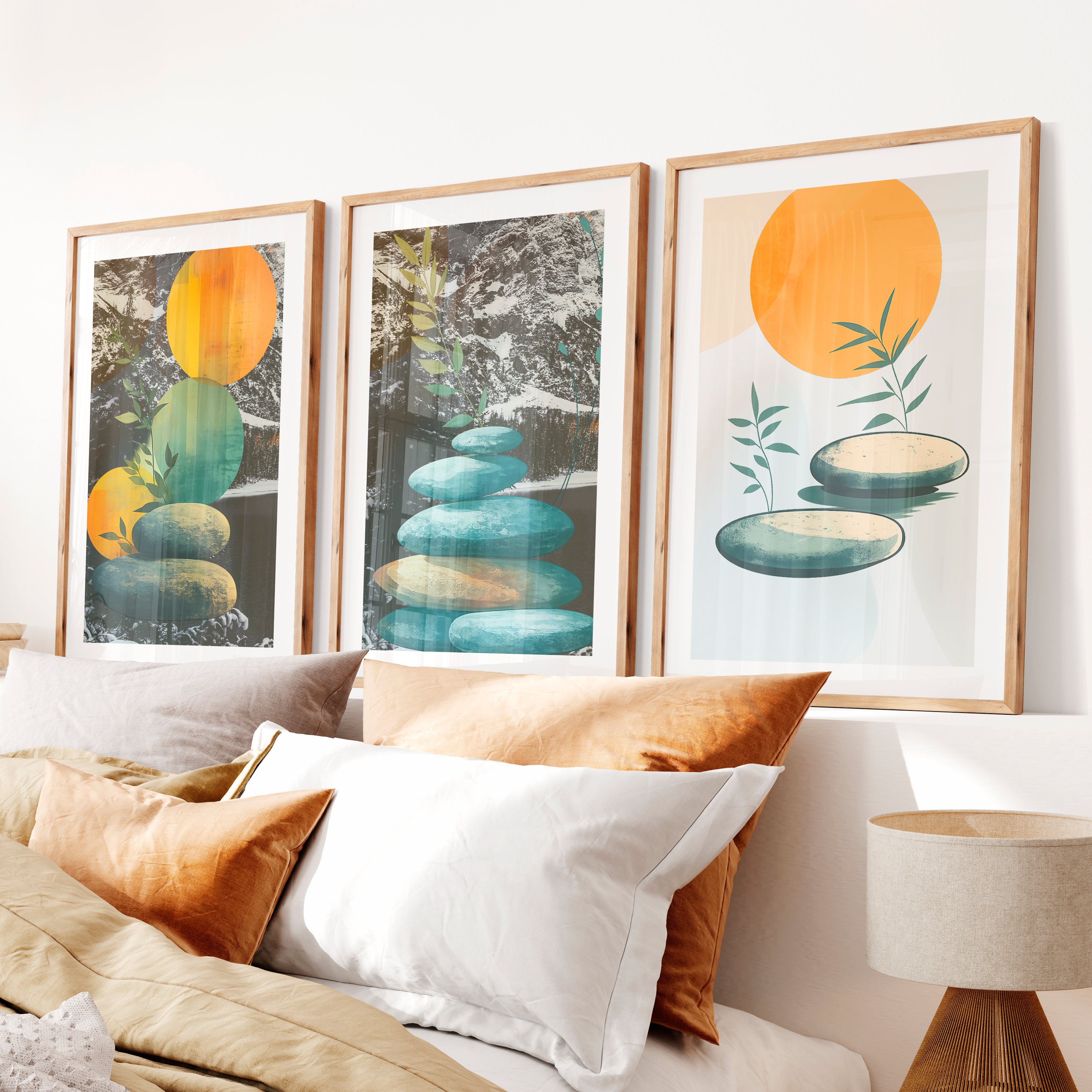 Stacked Stones interior design japandi- Natural Wood Framed Poster with White Border - Artworksets