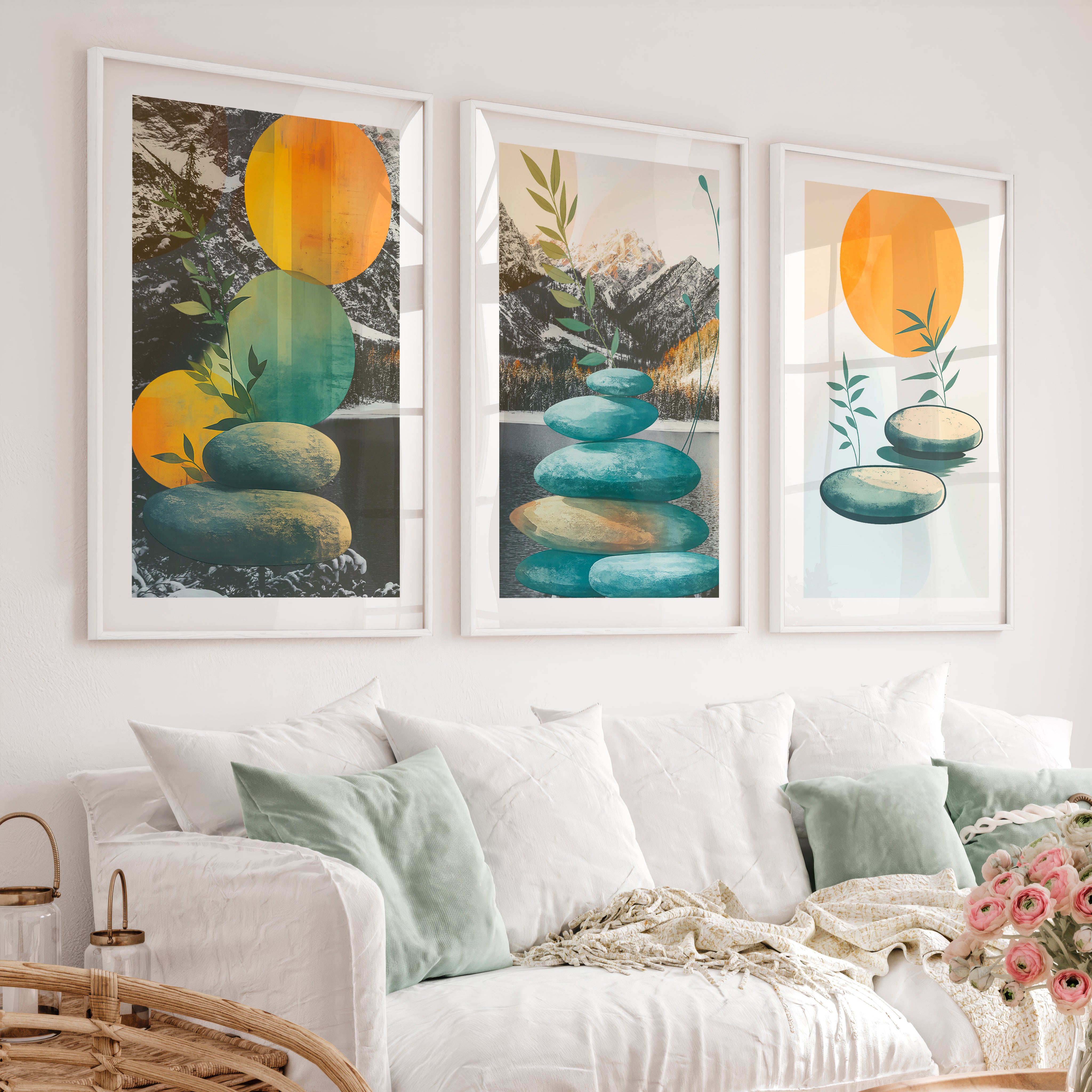 Stacked Stones interior design japandi - White Framed Poster with White Border - Artworksets