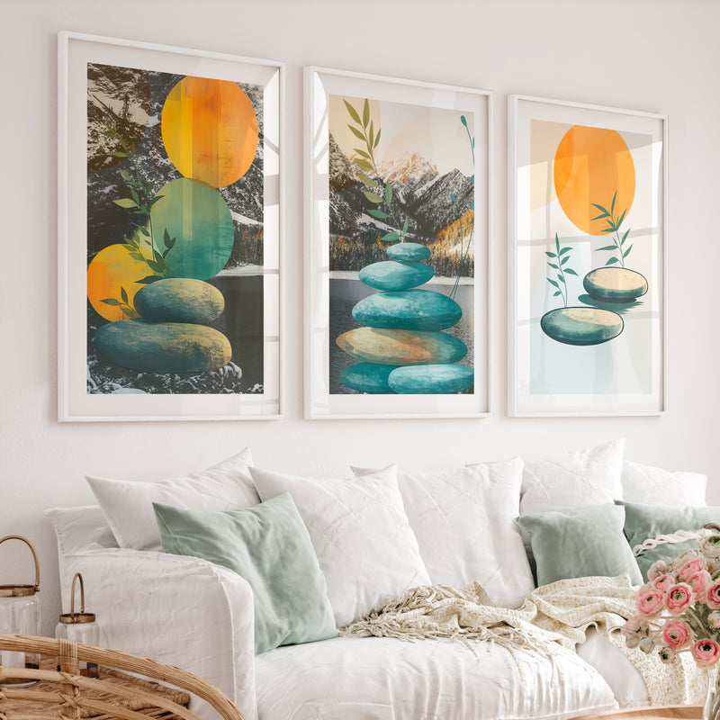 Stacked Stones interior design japandi - White Framed Poster with White Border - Artworksets