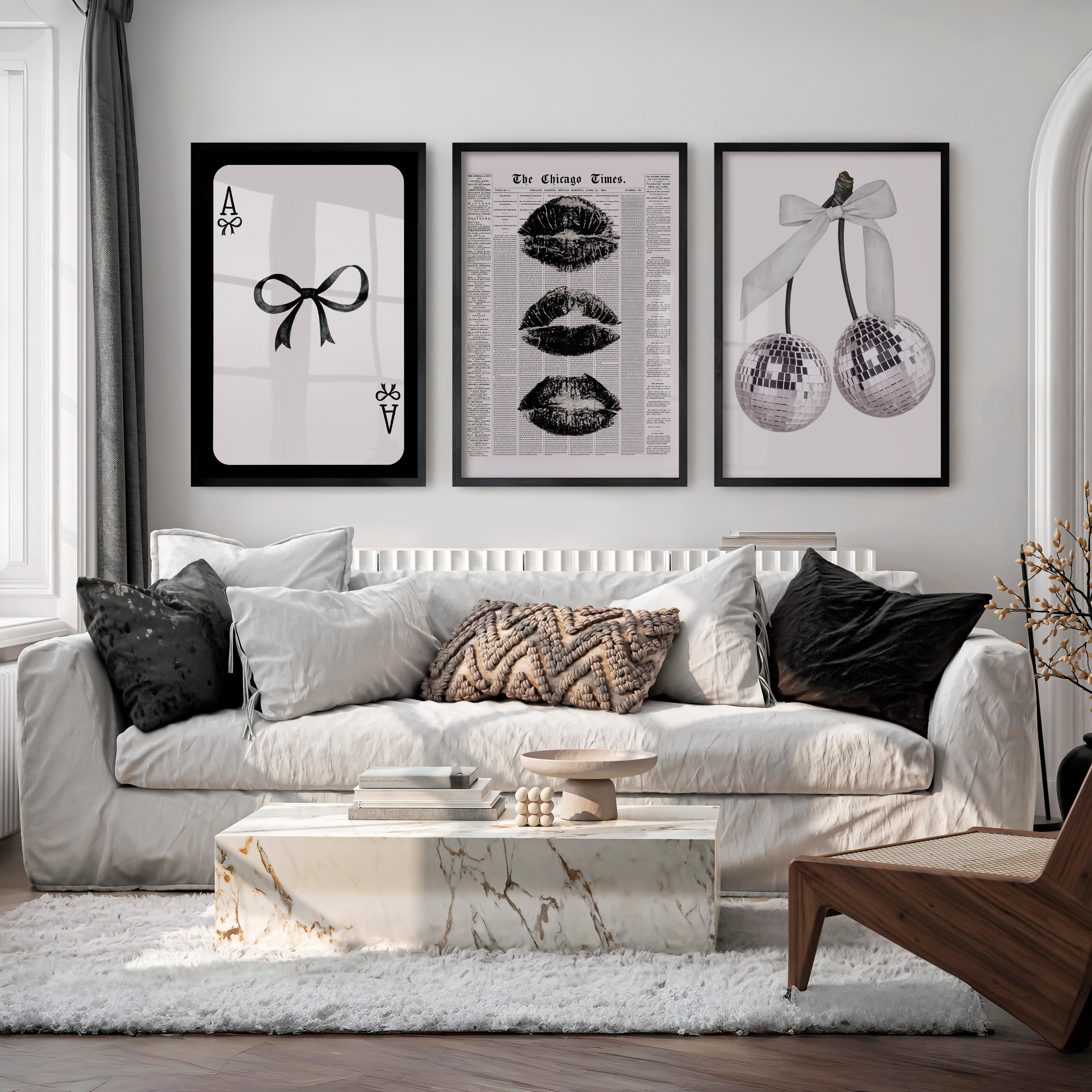 Bow and Disco Cherry Interior Design Retro Style Set - Black Framed Poster No Border - Artworksets